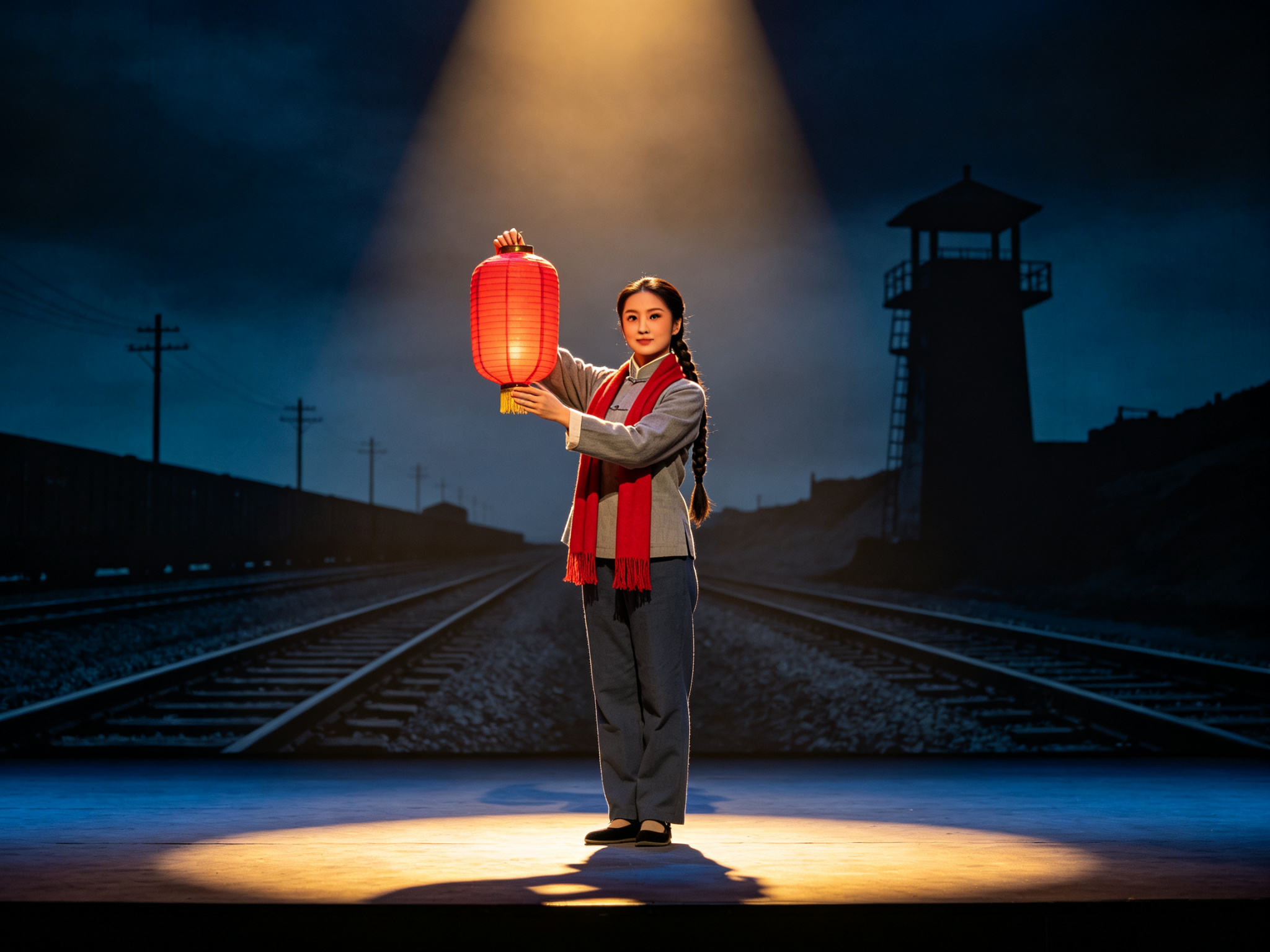 秦腔《红灯记》旦角演员扮演的李铁梅造型，梳粗长辫子、穿1940年代大襟布衫系红围巾，双手高举一盏素面朱红纸灯笼，舞台聚光灯与铁轨岗楼背景