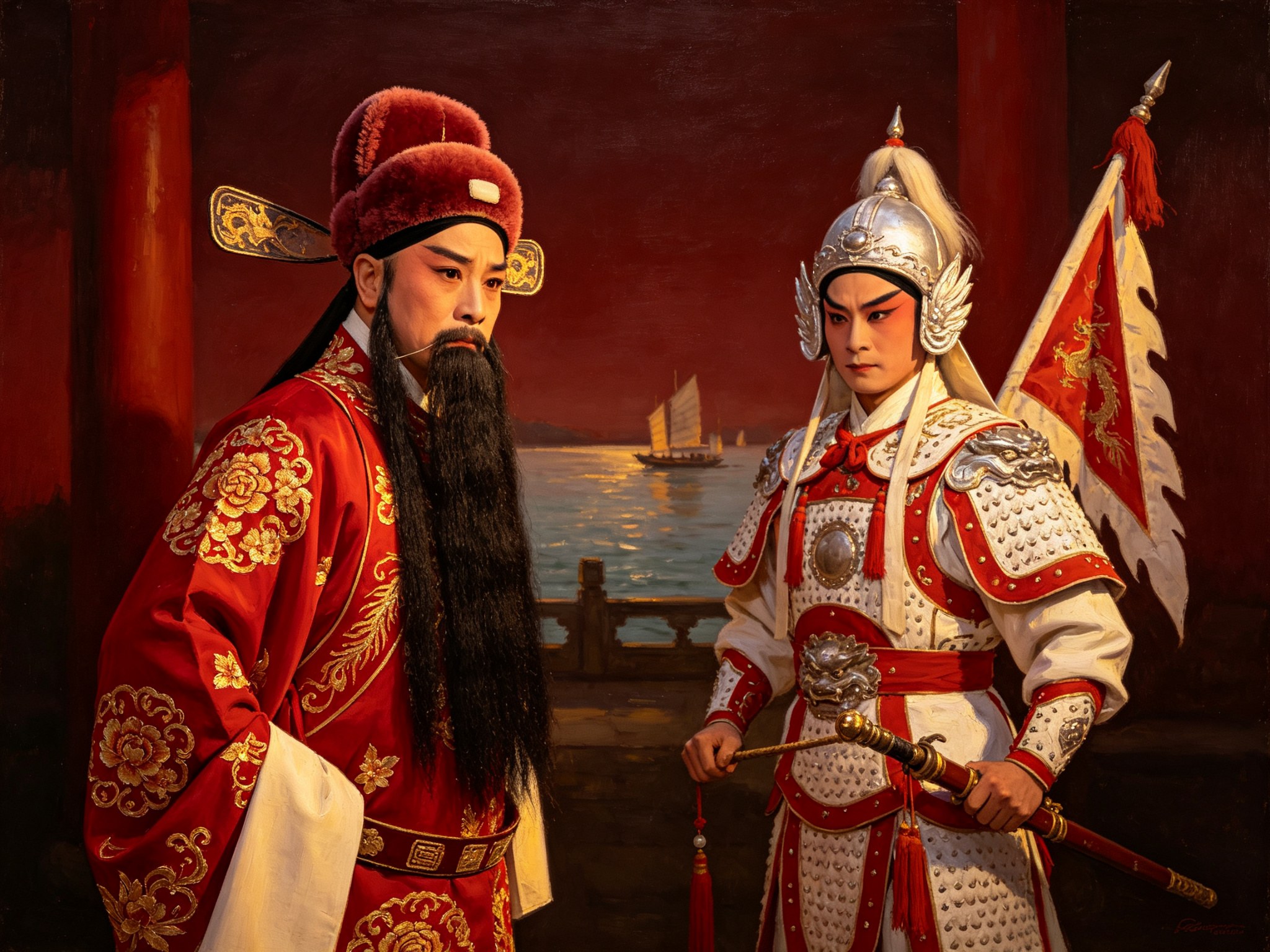 秦腔《回荆州》须生演员扮演的刘备与武生演员扮演的赵云造型，刘备戴王帽挂黑髯着朱红绣金戏服，赵云扎硬靠插靠旗着白红铠甲，背景古渡头江水帆影