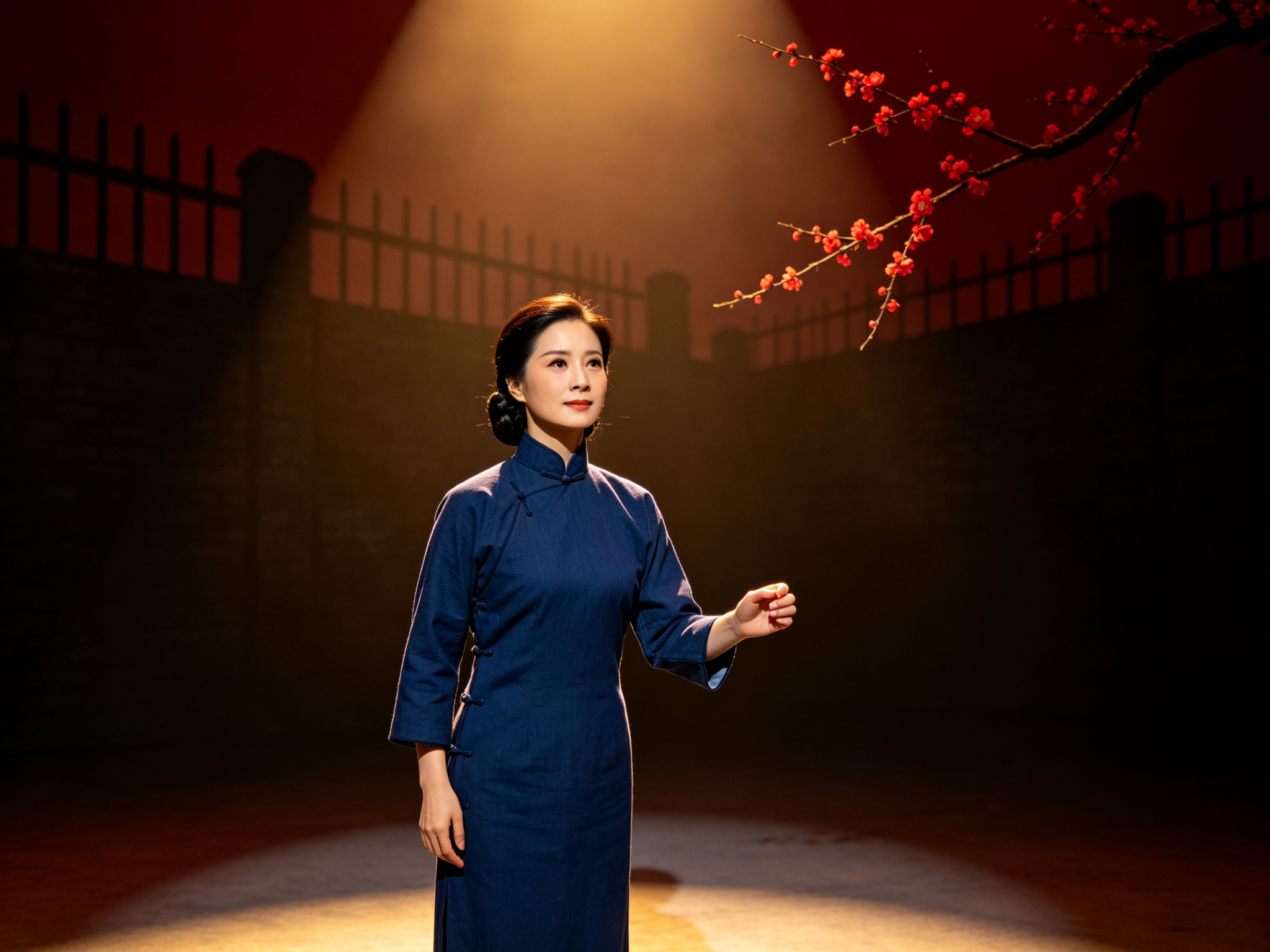秦腔《江姐》旦角演员扮演的革命女性江姐造型，身着深蓝色立领旗袍式服装、头发梳成整齐发髻，面容沉静坚毅目光坚定，舞台聚光灯与高墙牢狱红梅背景