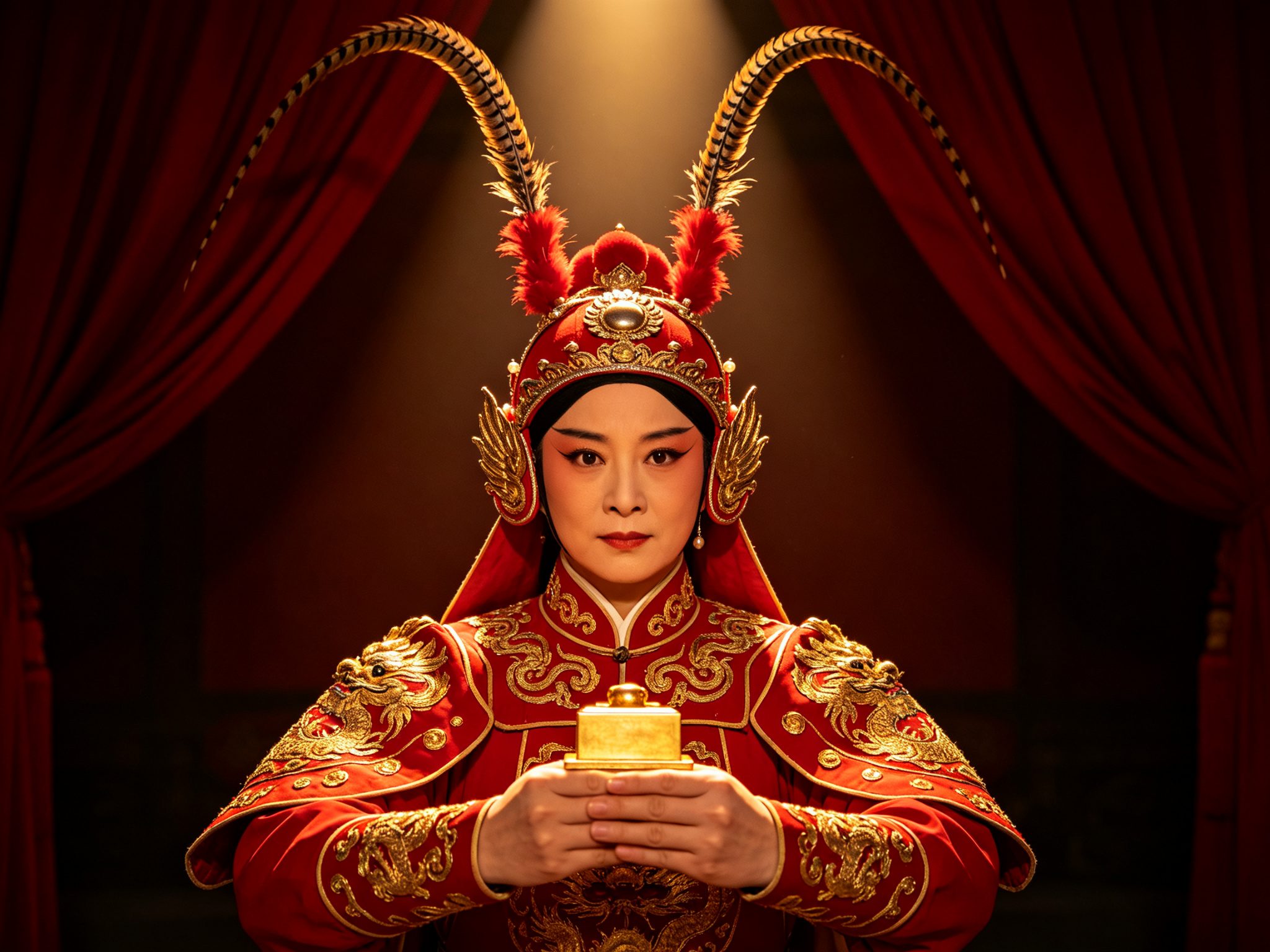 秦腔《穆桂英挂帅》刀马旦穆桂英舞台造型，中年女性武将俊扮、头戴插长长雉鸡翎的大红帅盔、身穿大红色绣金铠甲、双手在胸前拱捧一方金色帅印，深红帷幕帅帐前一束追光打下