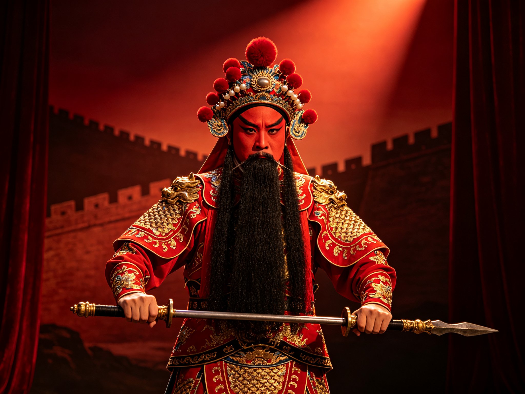秦腔《破宁国》红生朱亮祖舞台亮相造型，红脸勾脸黑满髯、头戴红绒夫子盔、身穿大红绣金硬靠、双手横握双枪目光如炬，宁国城墙暗红舞台光柱背景