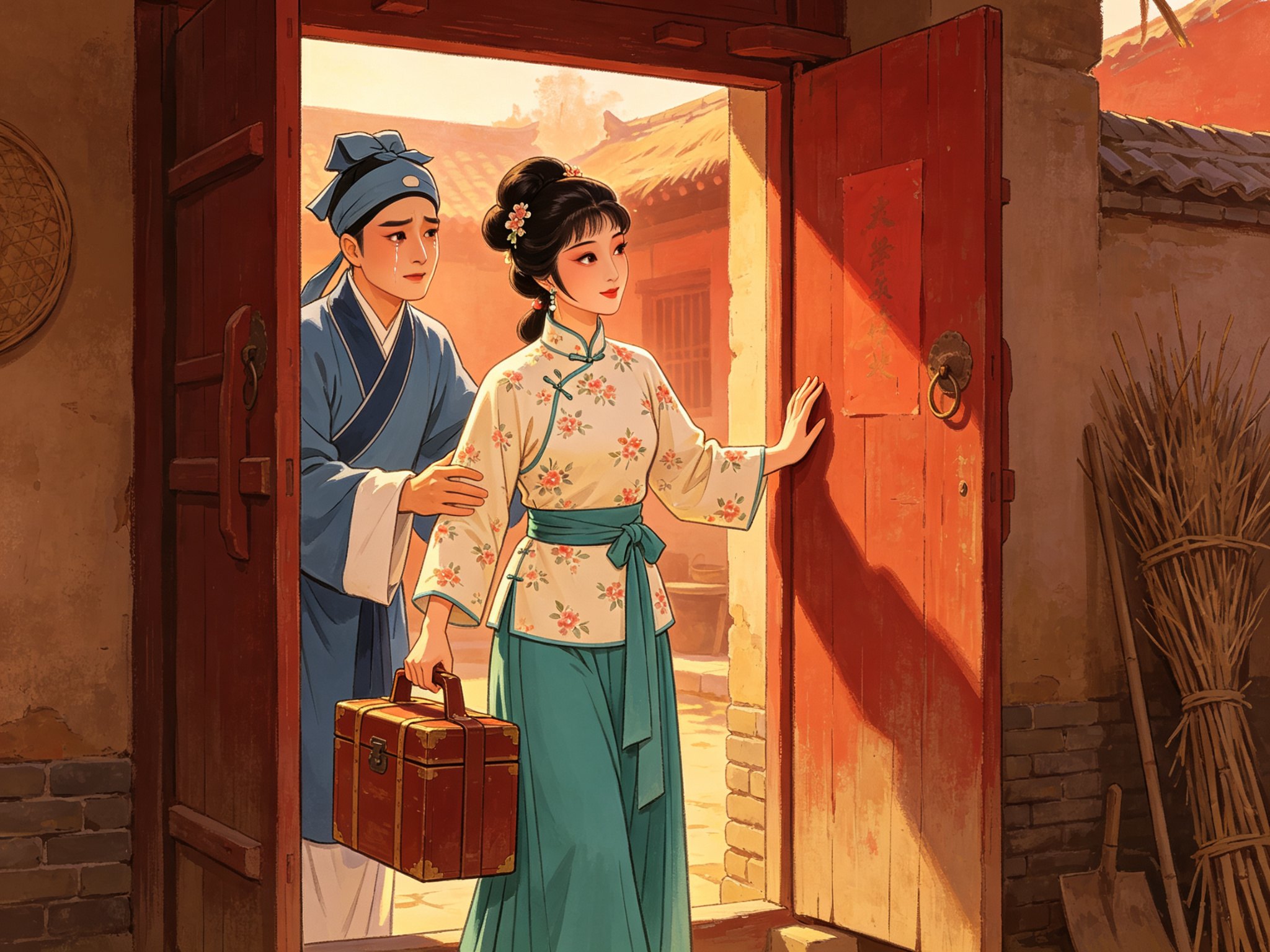 秦腔《三回头》小旦吕荣儿与小生许升双人舞台造型，乡村少妇梳挽髻、素花布衫腰系青裙，一手扶门框一手提衣箱回头眷恋；身后年轻小生儒巾蓝衫伸手欲挽眼眶含泪，半开柴门暖色院光