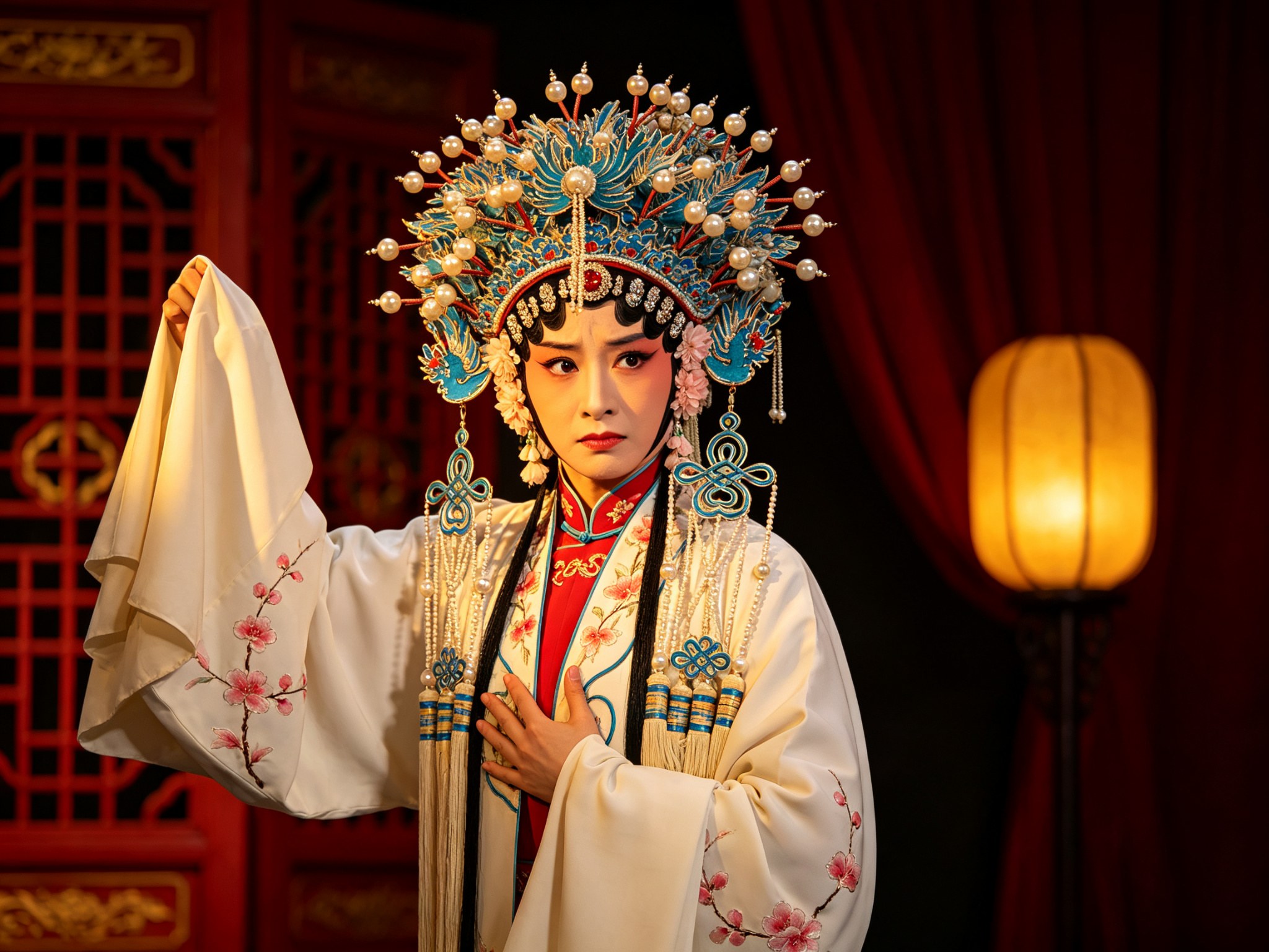 秦腔《三击掌》青衣演员扮演的王宝钏造型，头戴点翠头面缀珍珠绒球与长流苏，身着素白绣淡红梅女帔、内衬秦腔红戏服，神情刚烈倔强，一手水袖扬起，背景相府朱红格扇与暖黄宫灯