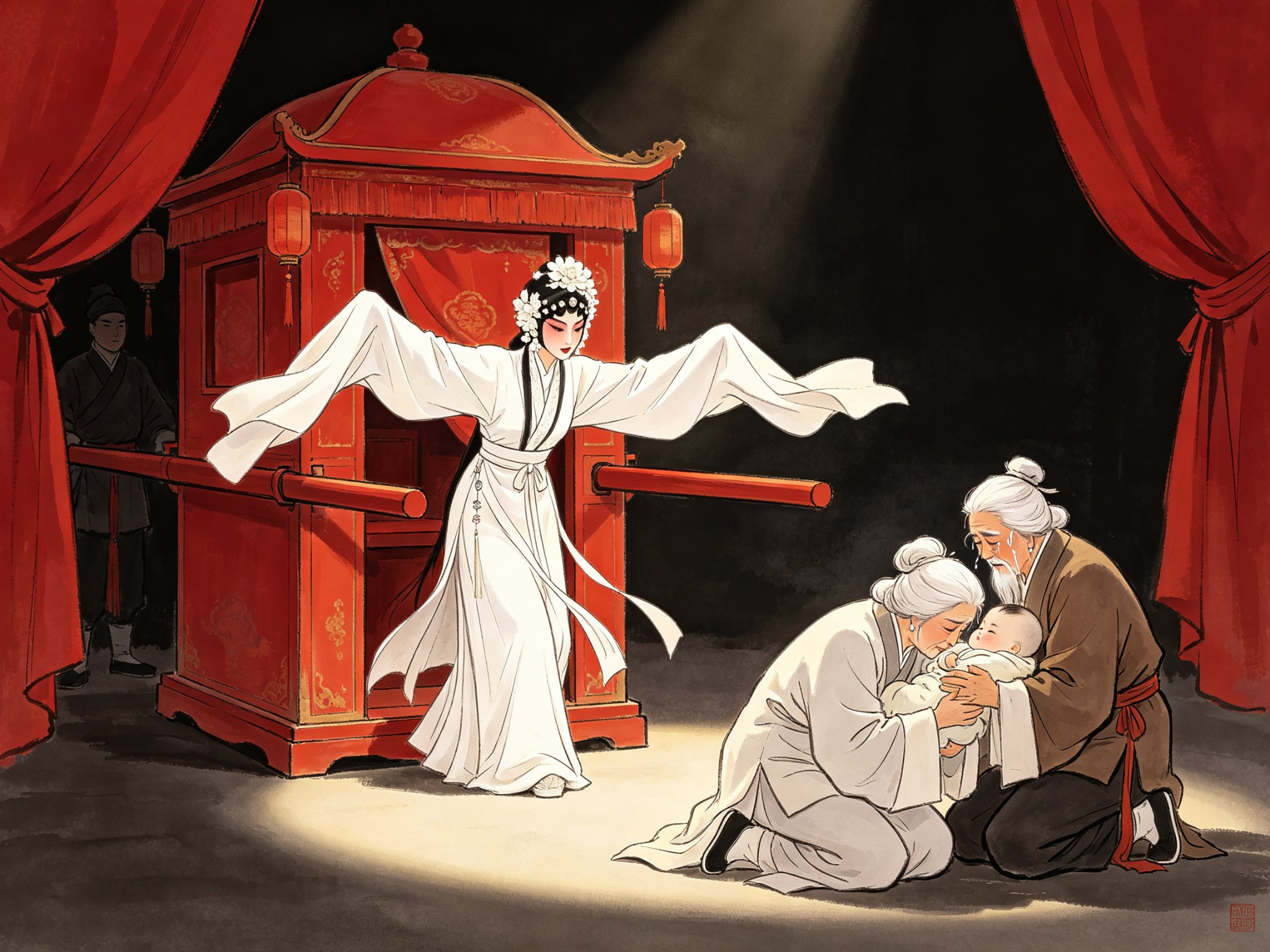 秦腔《三上轿》正小旦崔氏素白孝服立于朱红花轿前抛甩水袖、跪拜诀别公婆幼子的凄怆场景