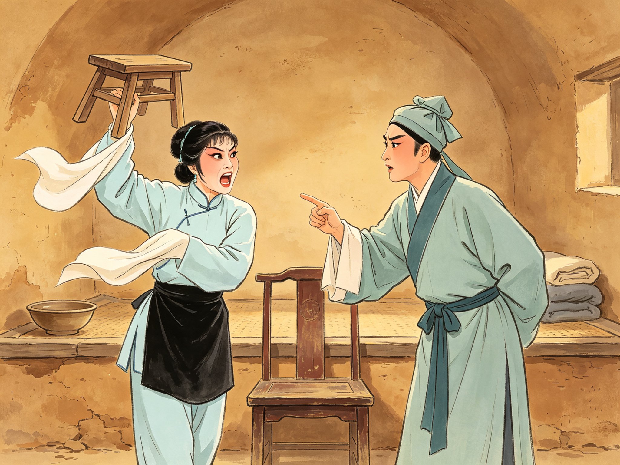 秦腔《杀狗劝妻》泼旦焦氏举凳撒泼、小生曹庄伸指规劝的农家窑洞对峙场景