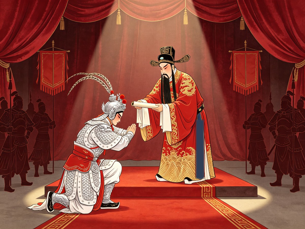 秦腔《收姜维》舞台剧照：红袍丞相高台收将，银甲武生跪接兵书