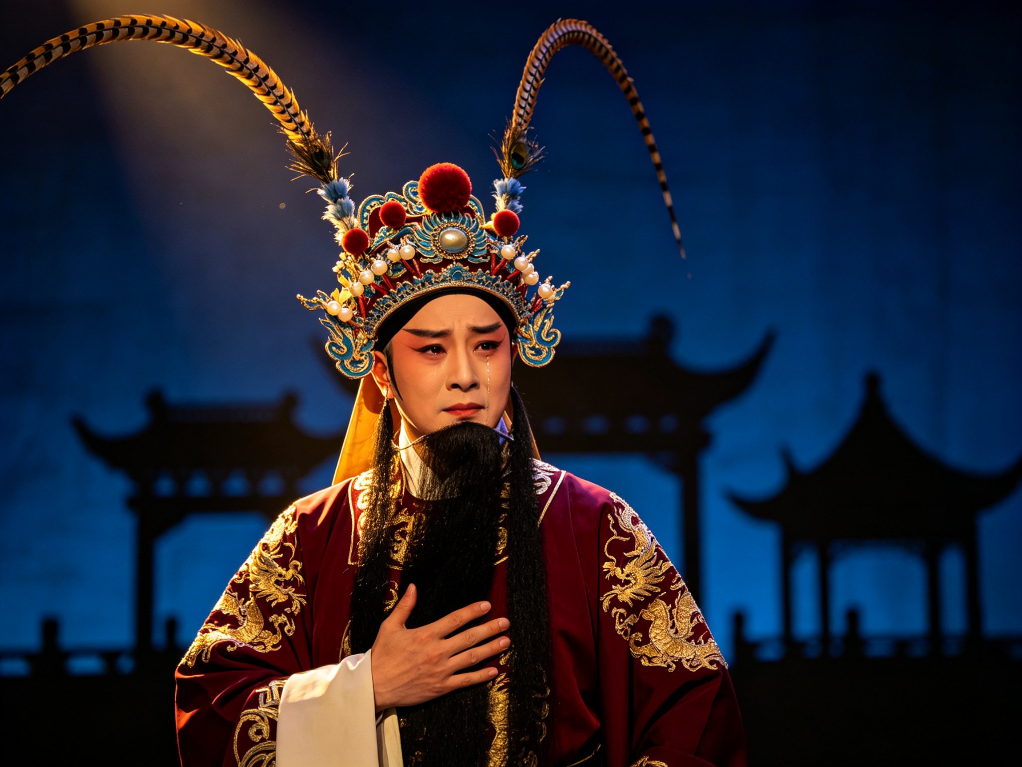 秦腔《四郎探母》须生杨延辉舞台亮相造型，俊扮黑三髯、头戴插雉尾番王驸马盔、身穿暗红绣金番王蟒袍、手抚胸前眼含悲泪，番邦宫帐深蓝夜色舞台光柱背景
