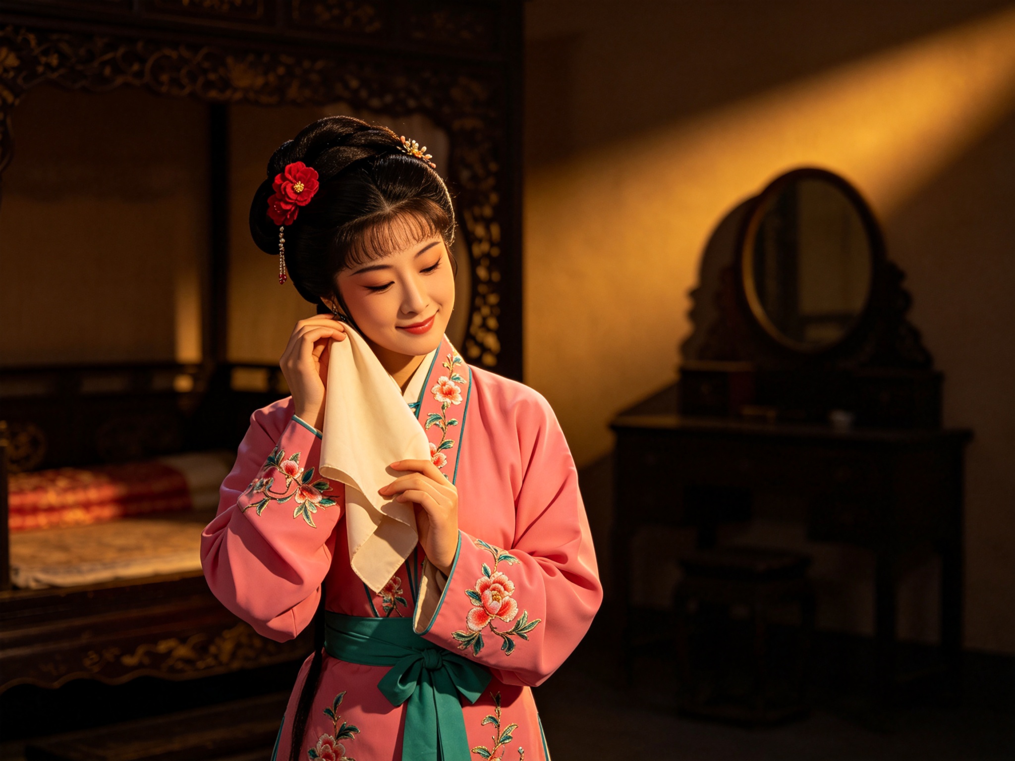 秦腔《小二姐做梦》闺阁旦少女半身像，梳少女盘桓头鬓簪红绒花、身穿粉红绣花袄系翠绿腰巾、双手轻扶枕帕作梦游身段、双眼微闭面带羞赧微笑，身后虚写雕花床榻与妆台圆镜，暖黄台光