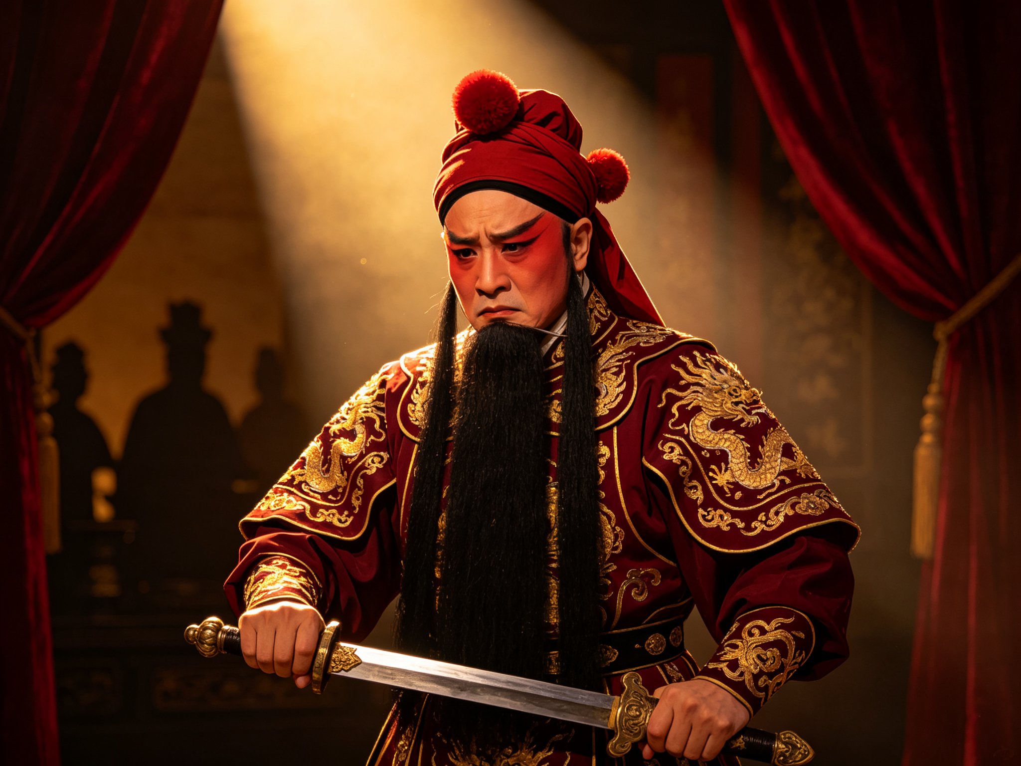 秦腔《兴汉图》武生吴汉舞台亮相造型，红脸俊扮黑三髯垂胸、头戴红绒扎巾、身穿暗红绣金硬靠、手持宝剑神情悲愤，经堂暗红丝绒幕布与舞台光柱背景