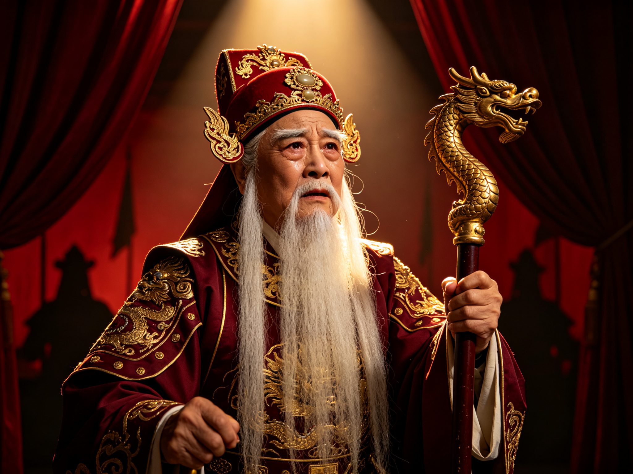 秦腔《杨门女将》老旦佘太君舞台造型，百岁老年女将满头银发、胸前垂白须、头戴红色绣金帅盔、身穿深红色绣金铠甲、双手紧扶雕有金色龙头的拐杖，深红帷幕帅帐前一束追光打下