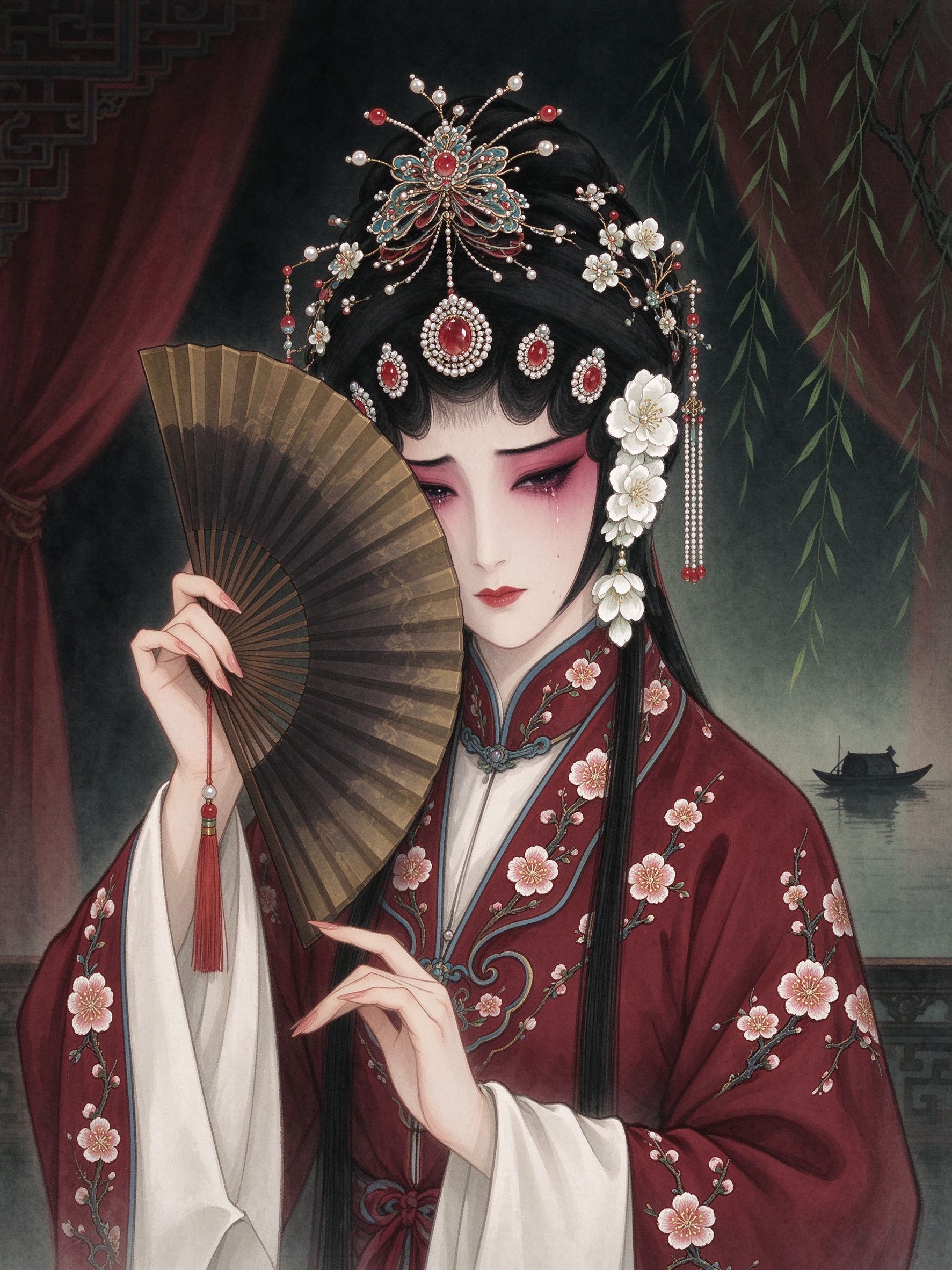 秦腔《游西湖》旦角演员扮演的李慧娘造型，头戴点翠珠满头面、簪白梅，着绣红梅的红色女帔，手持折扇半遮面容，脸颊一滴清泪，背景垂柳与湖面小舟
