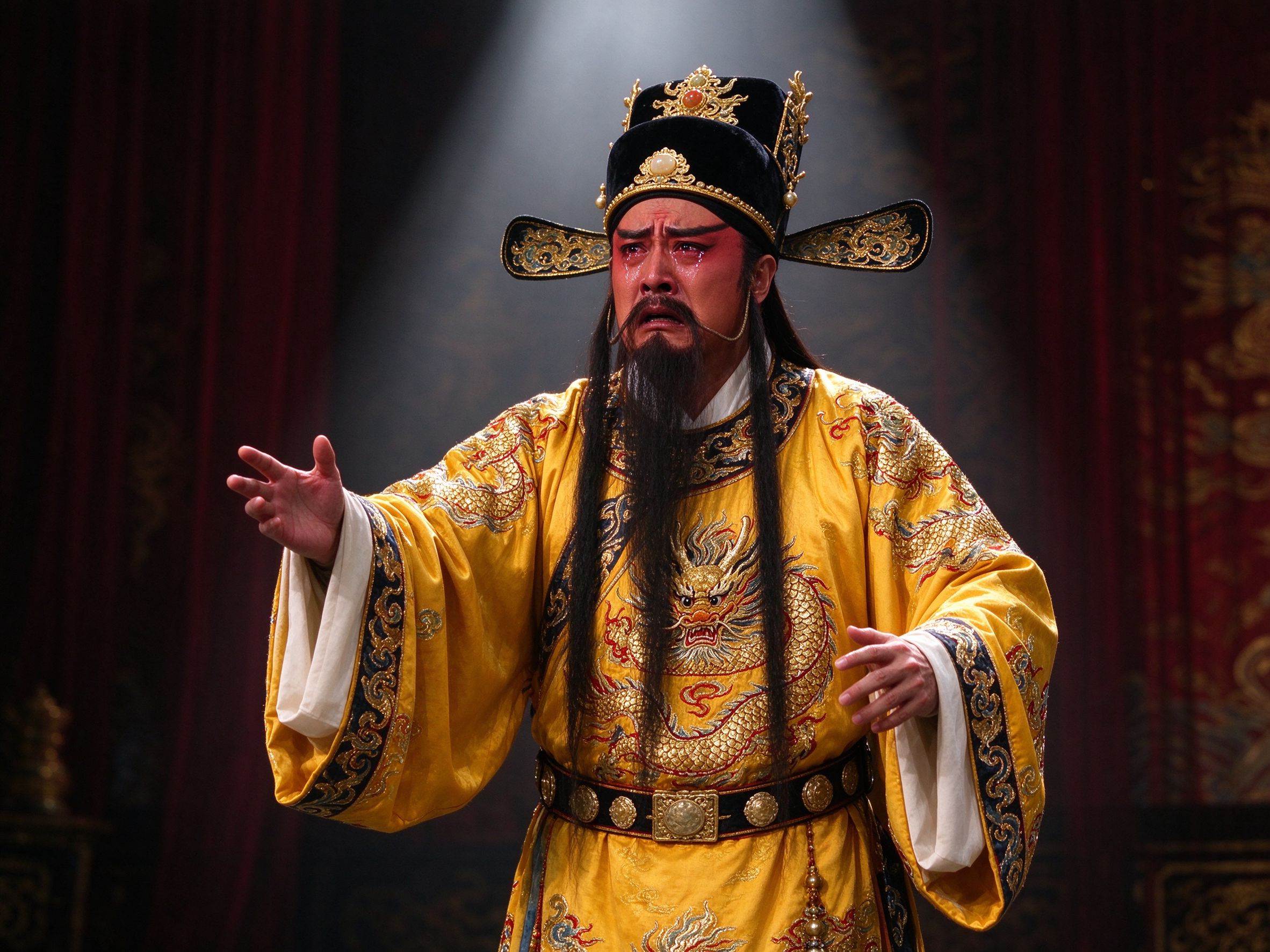 秦腔王帽红生《斩黄袍》舞台造型，赵匡胤头戴黑绒王帽身穿明黄绣龙蟒袍挂黑三绺长髯，立于舞台光柱下手伸作悔罪恳求状，眉头紧锁双目含泪，深红帷幕宫廷背景
