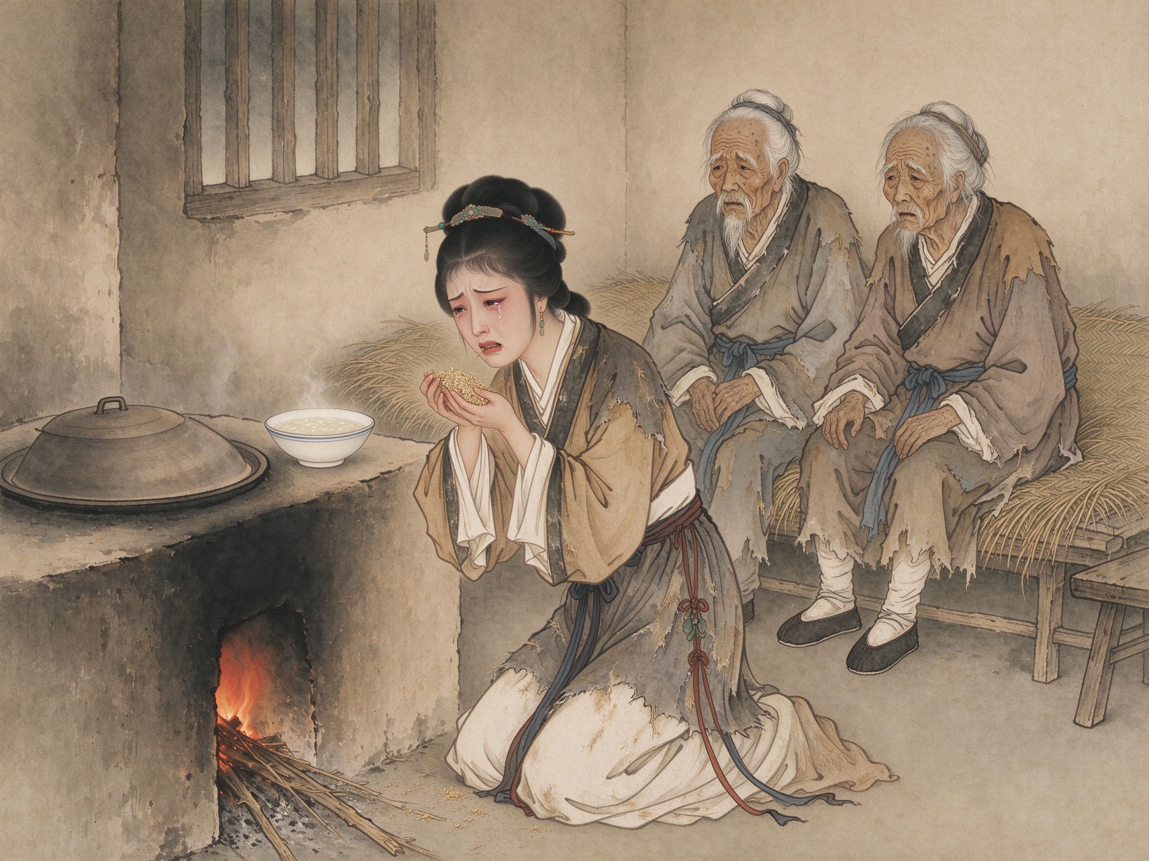 秦腔《赵五娘吃糠》赵五娘寒窑灶房捧糠自咽，身后公婆相望