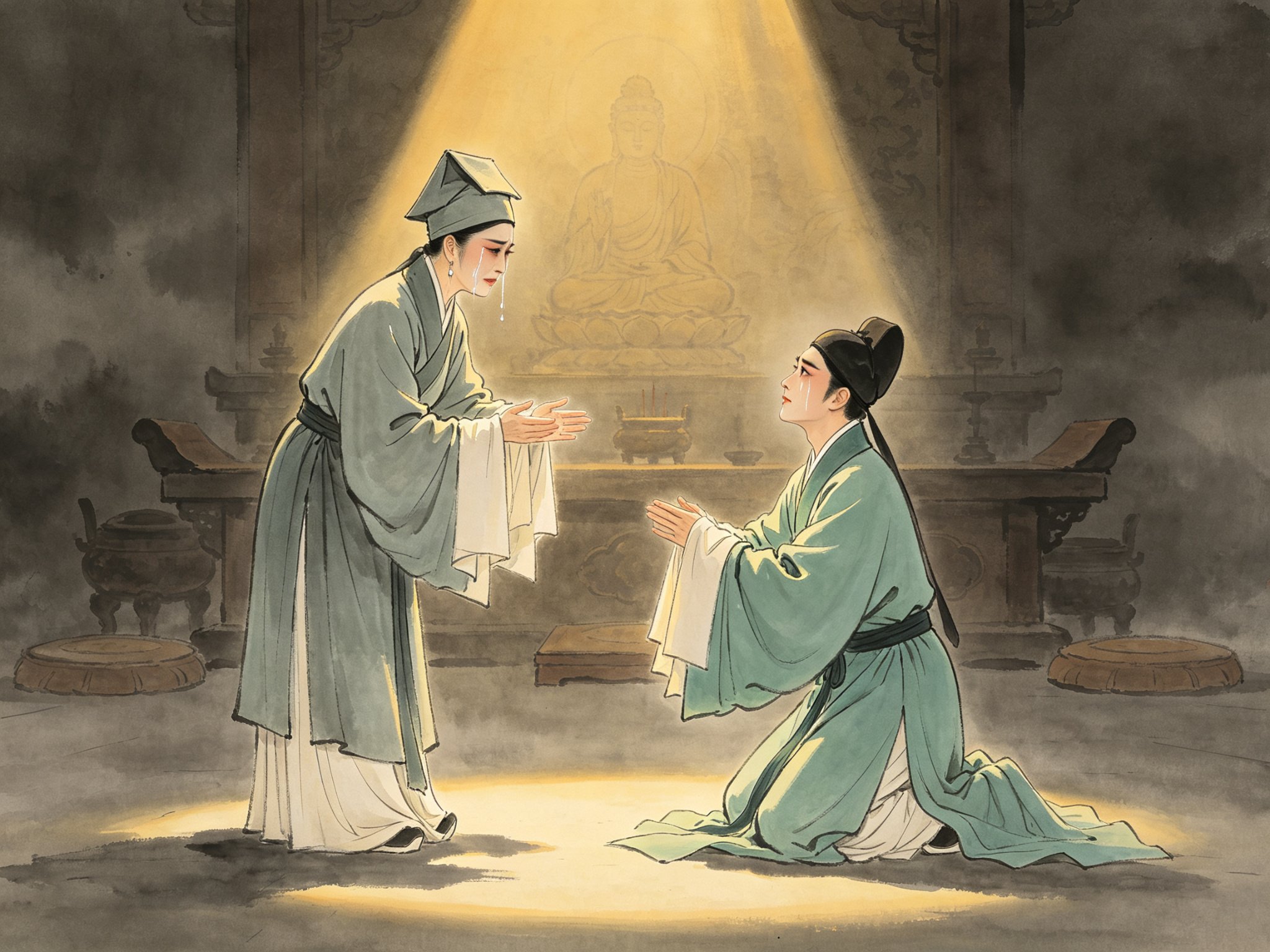 越剧《庵堂认母》舞台生旦对手戏，素衣尼姑王志贞与青衫书生徐元宰庵堂相见、含泪欲认的经典场面