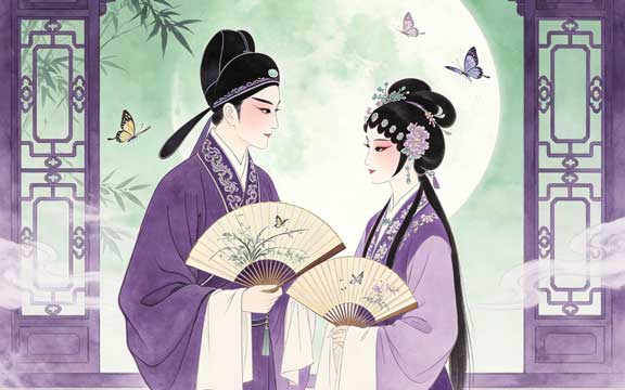 越剧小生小旦持扇对坐，江南园林花窗背景