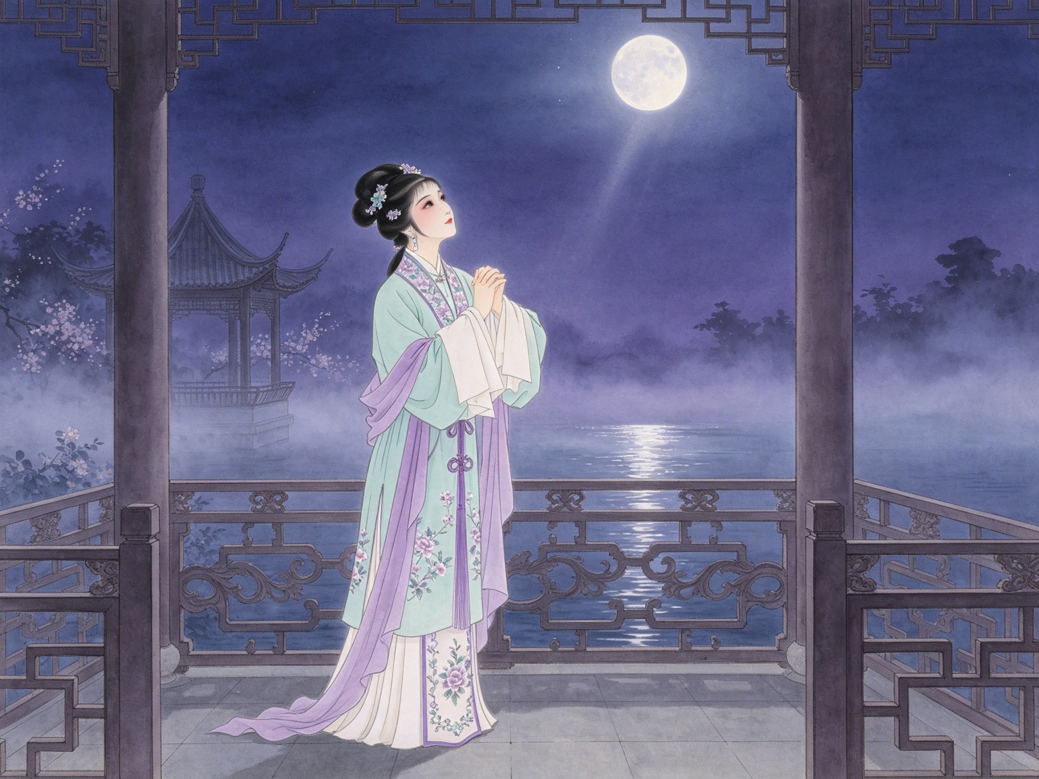 越剧《拜月亭》王文娟饰王瑞兰身着淡青紫色绣花古装云鬓高挽，立于月夜雕花水榭栏杆旁，双手交叠胸前仰首拜月，背景是深蓝紫夜空与一轮淡月