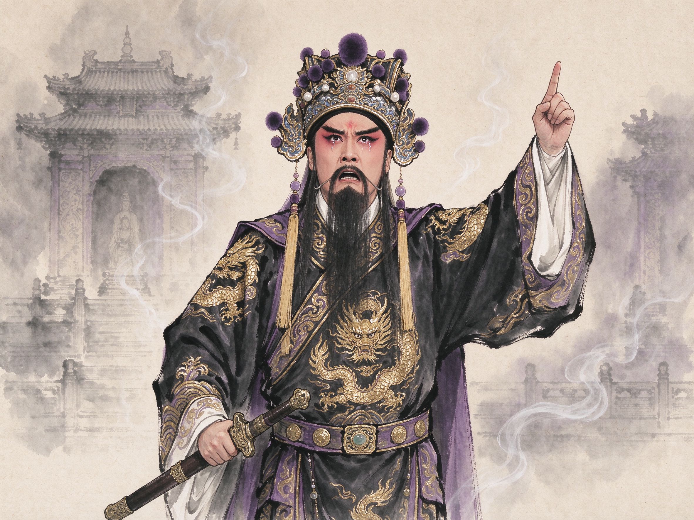 越剧《北地王》中徐玉兰饰演的北地王刘谌，三国王侯盔帽、玄色绣金蟒袍、按剑指天的须生悲愤怒相