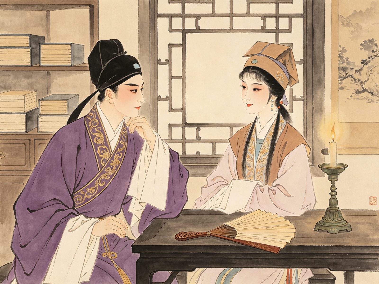 越剧《沉香扇》徐文秀与蔡兰英书房相会，案上一柄沉香木折扇与烛台