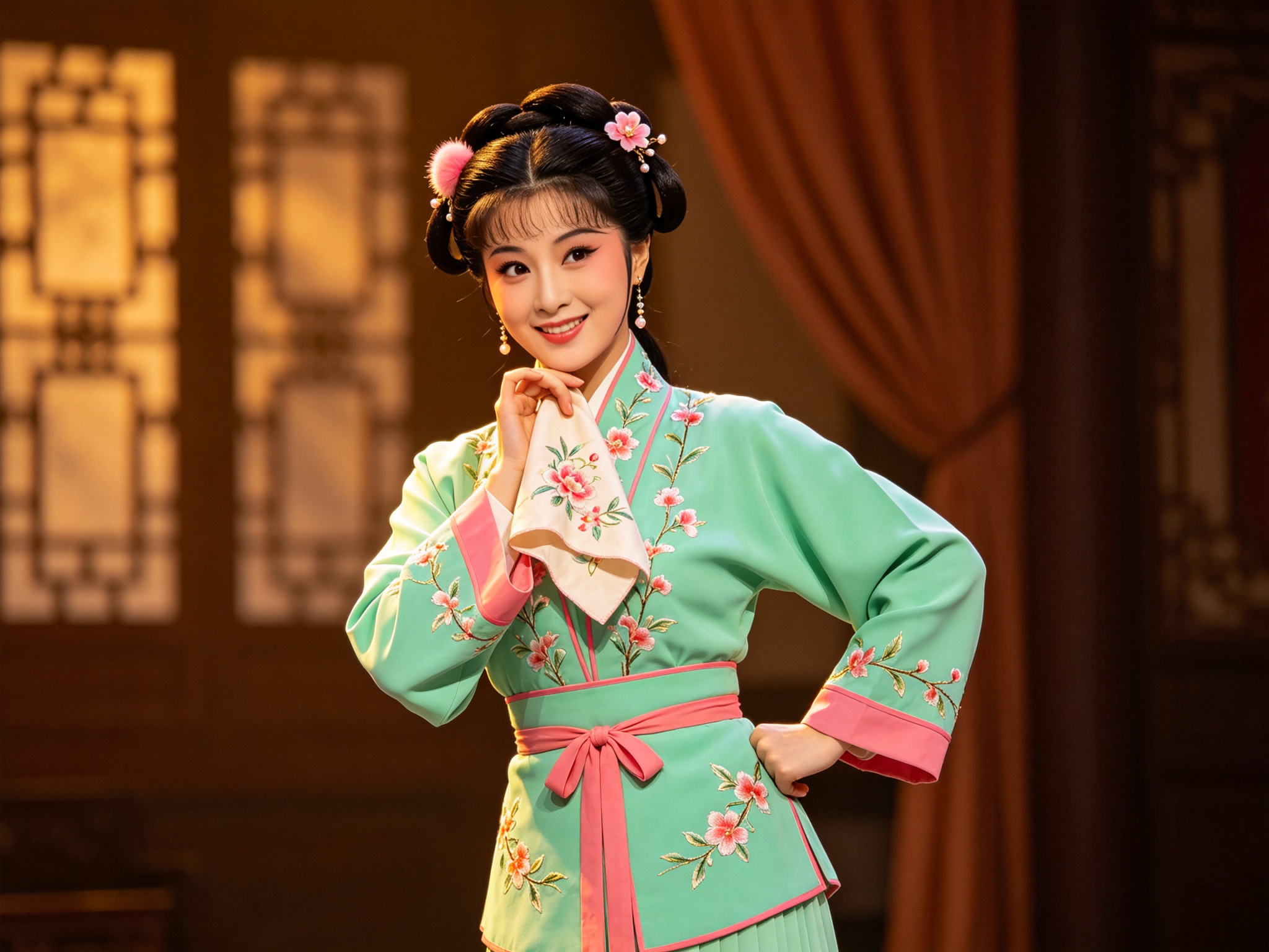 越剧《春草闯堂》中张云霞饰演的相府丫环春草舞台扮相，双丫髻、水绿袄裙，机敏俏皮的花旦形象