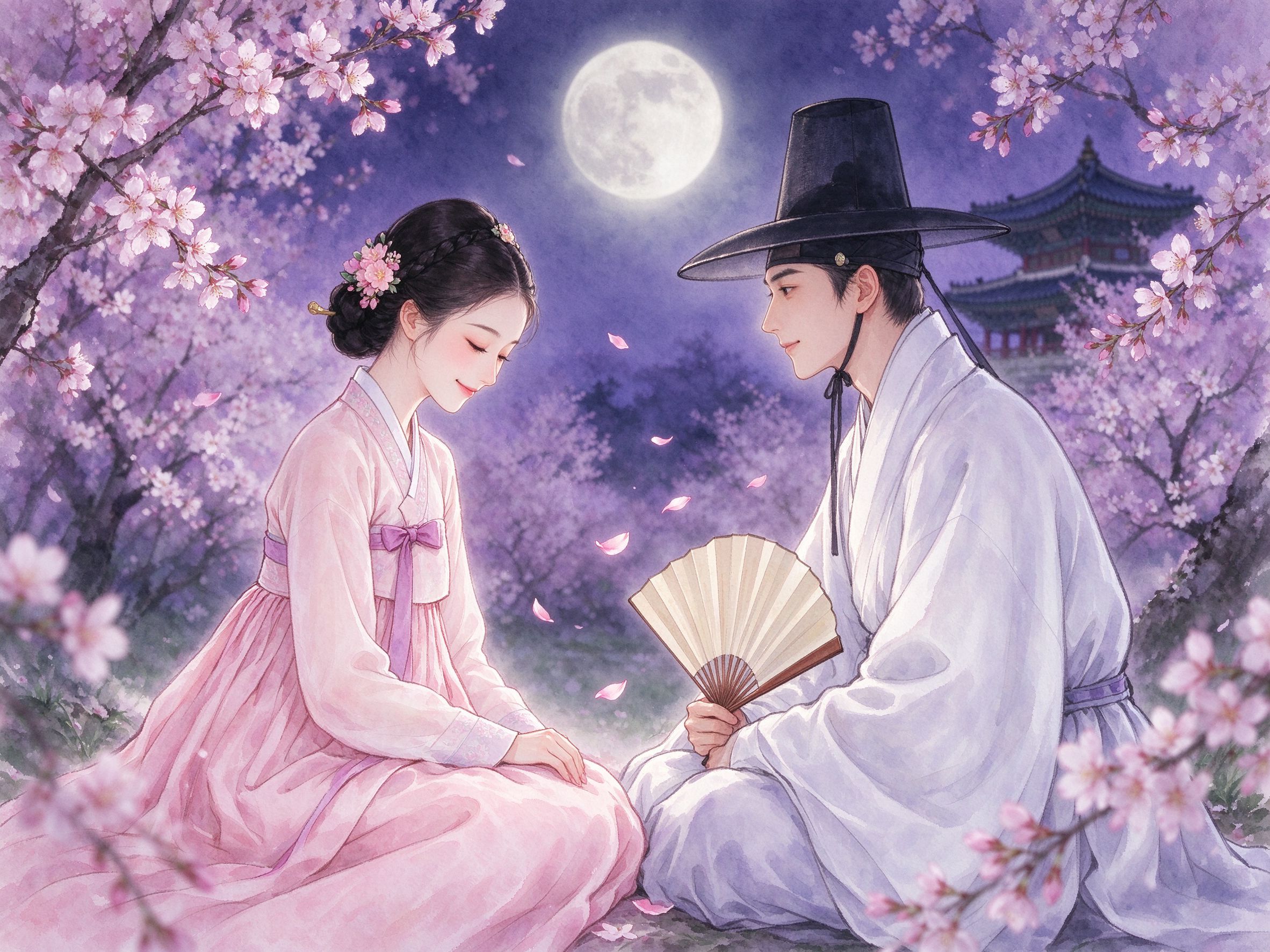 越剧《春香传》月下花前，朝鲜传统衣裙的春香与持扇书生李梦龙相对凝望的唯美爱情意象