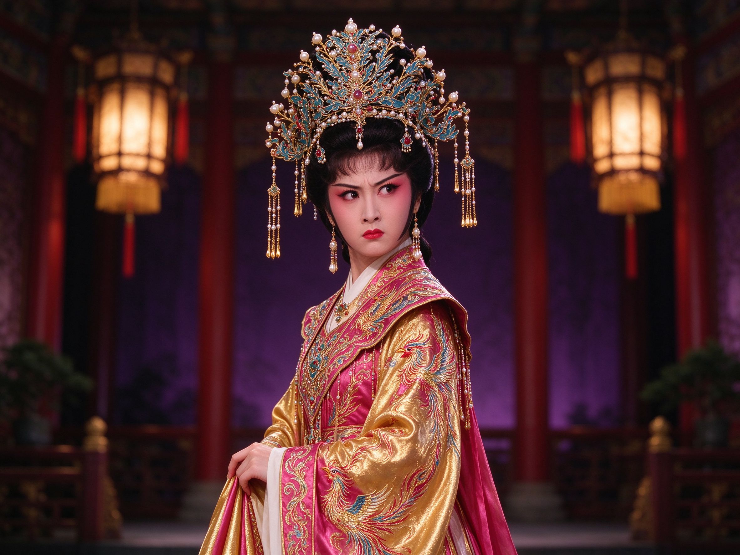 越剧《打金枝》头戴珠冠、身穿八宝锦绣宫装的君蕊公主舞台扮相，骄矜娇憨的旦角形象