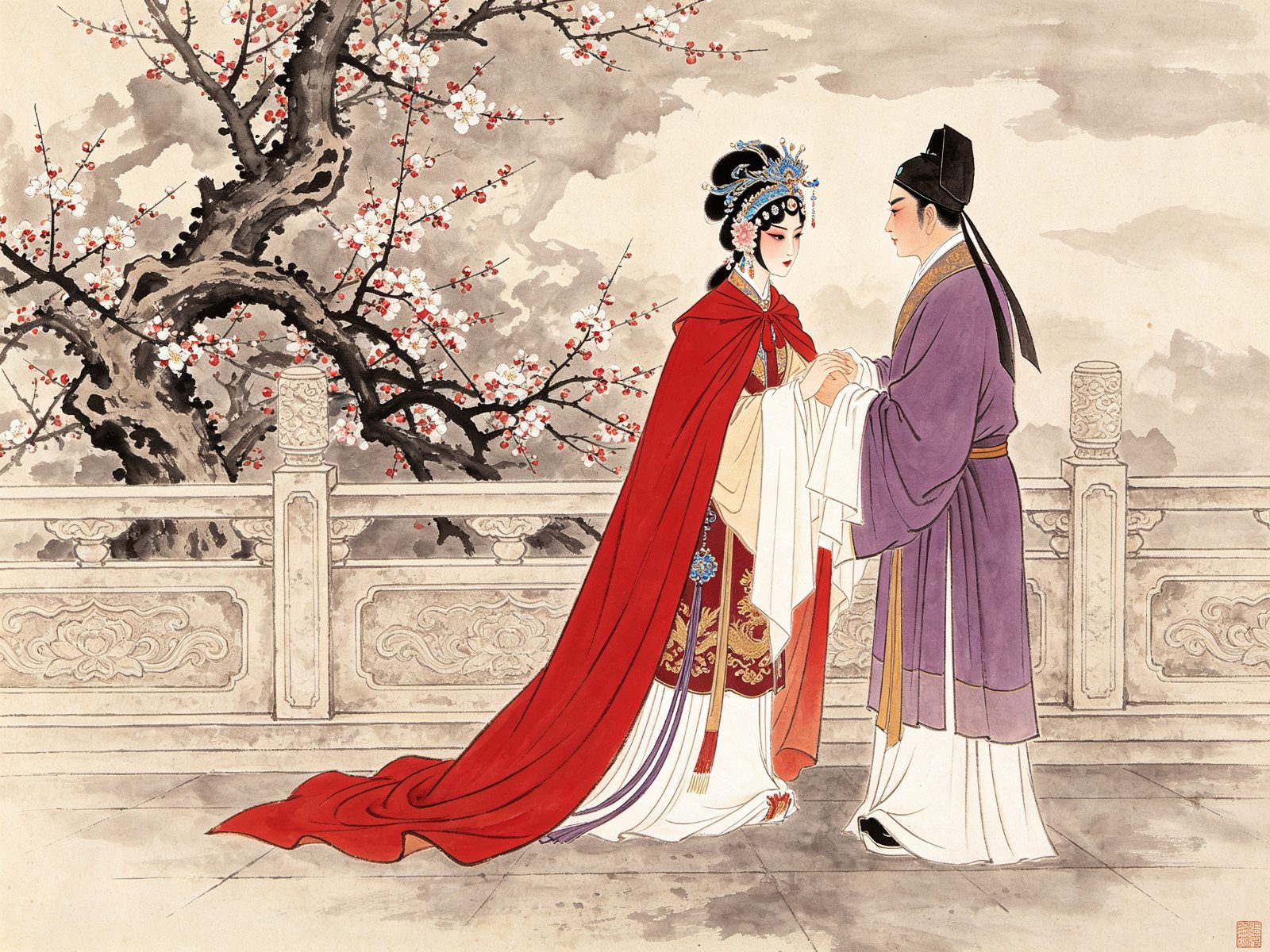 越剧《二度梅》陈杏元与梅良玉重台送别，身后梅花盛开