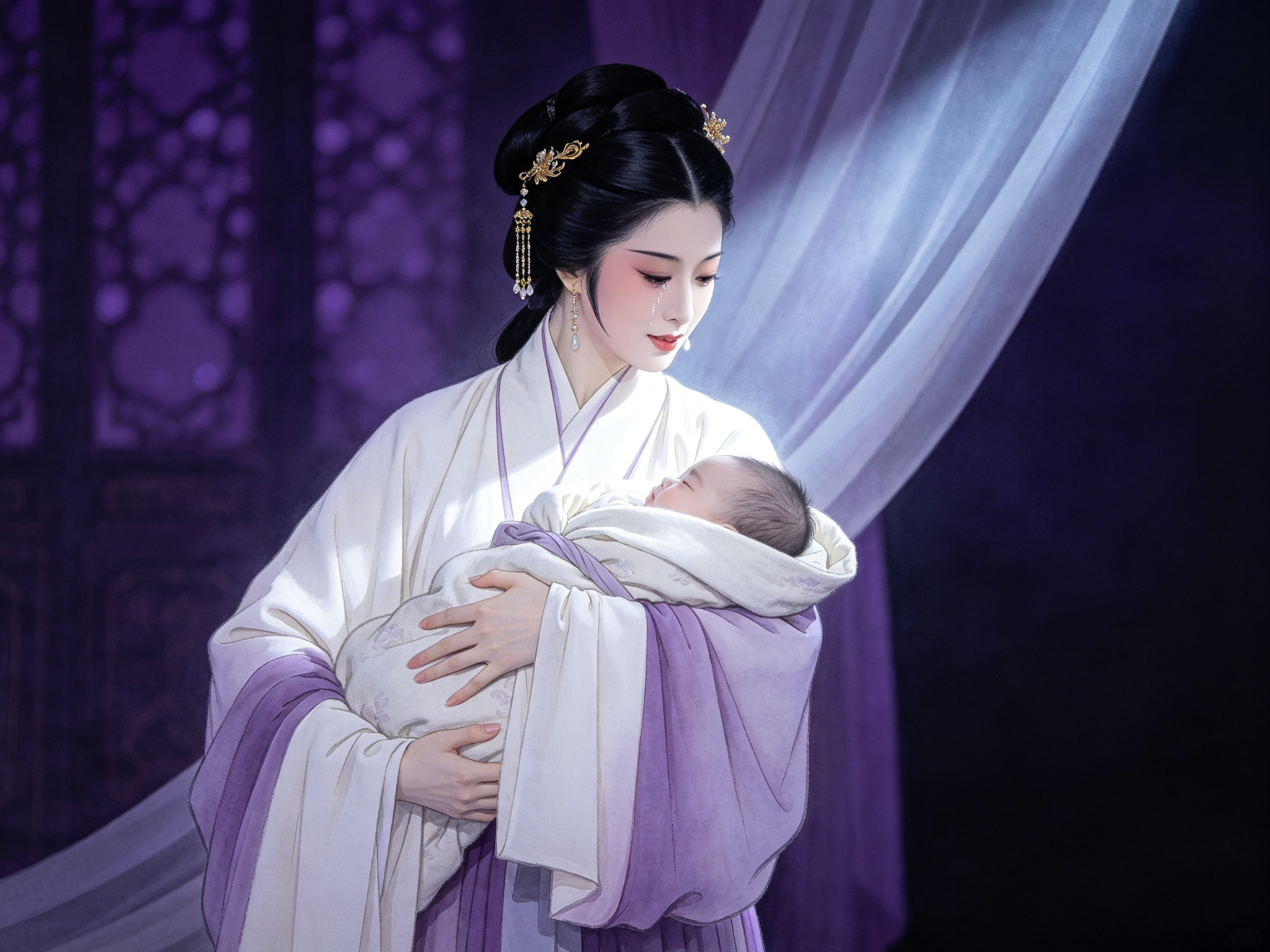 越剧《汉宫怨》许平君怀抱襁褓婴儿、泪眼盈盈的汉代宫装旦角舞台形象，凄美哀婉