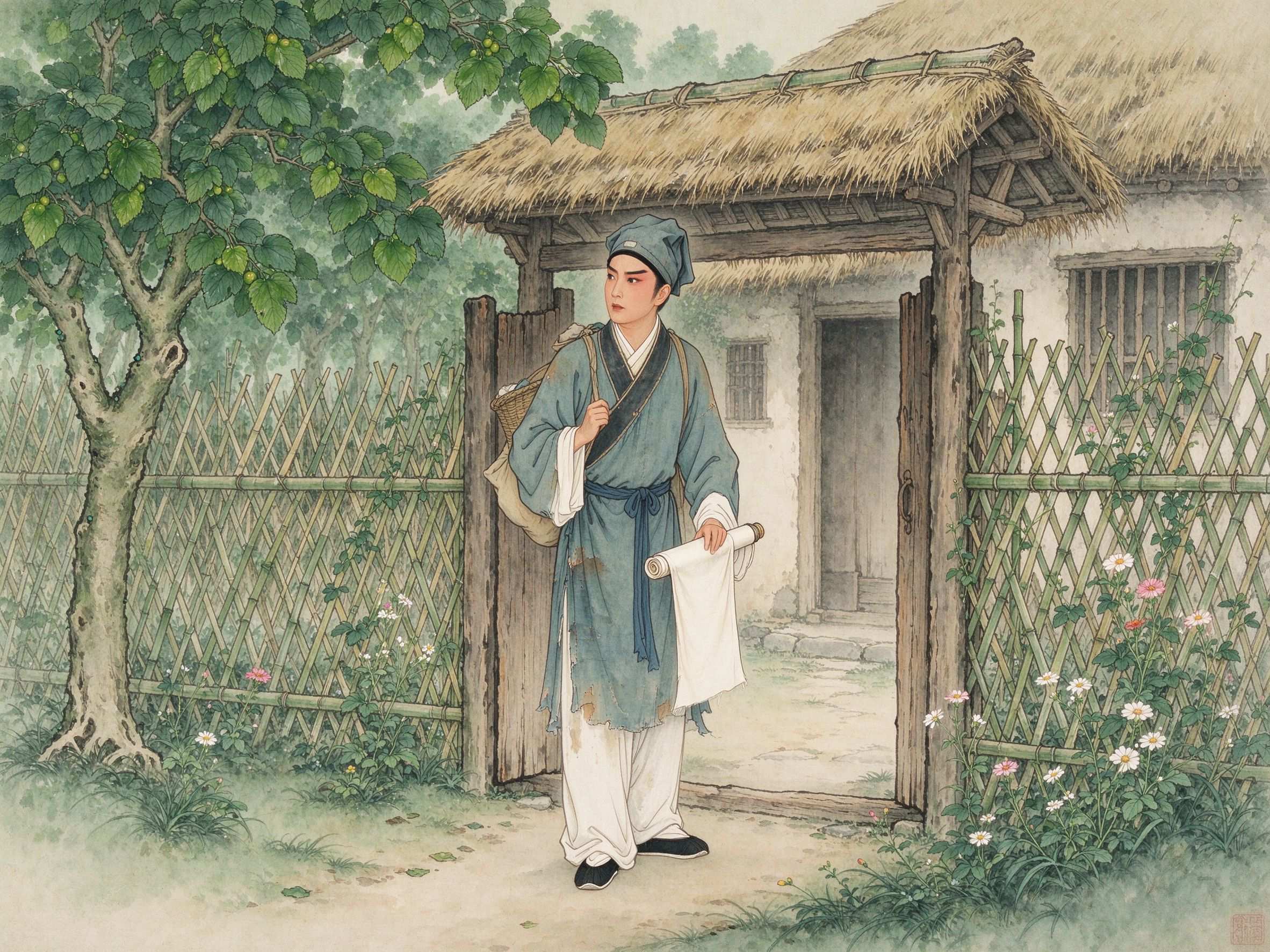 越剧《何文秀》九里桑园竹篱茅舍前何文秀乔装算命先生寻访妻子意象
