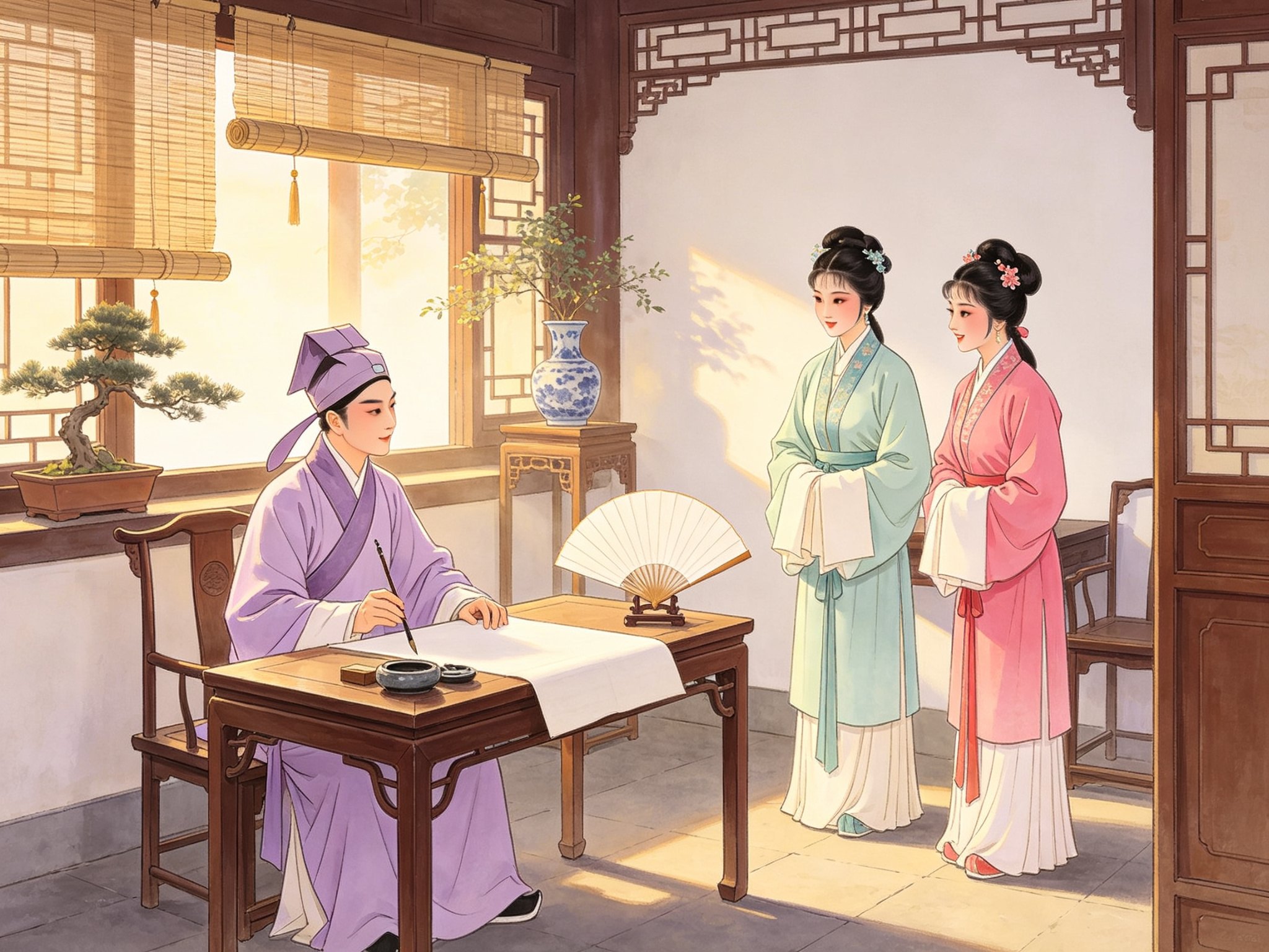 越剧《红丝错》书斋中塾师张秋人伏案，章榴月章榴花姐妹一旁，喜剧误会一触即发