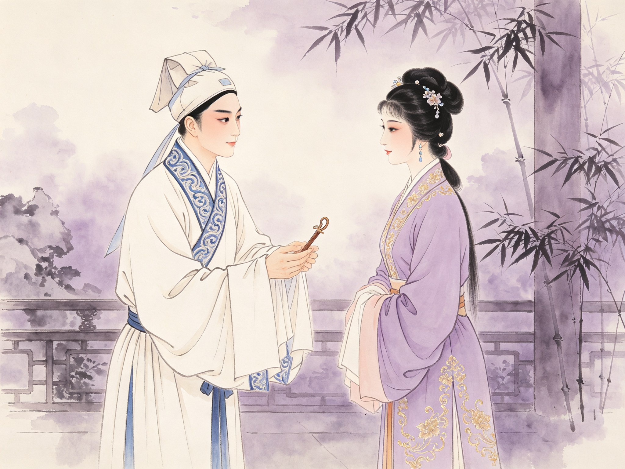 越剧《荆钗记》汤丽芳饰王十朋月白绣蓝小生装扮，双手捧出一支荆木发钗，对面贾小萍饰钱玉莲身着淡紫绣金花旦古装，二人在江南竹影庭院中相对而立