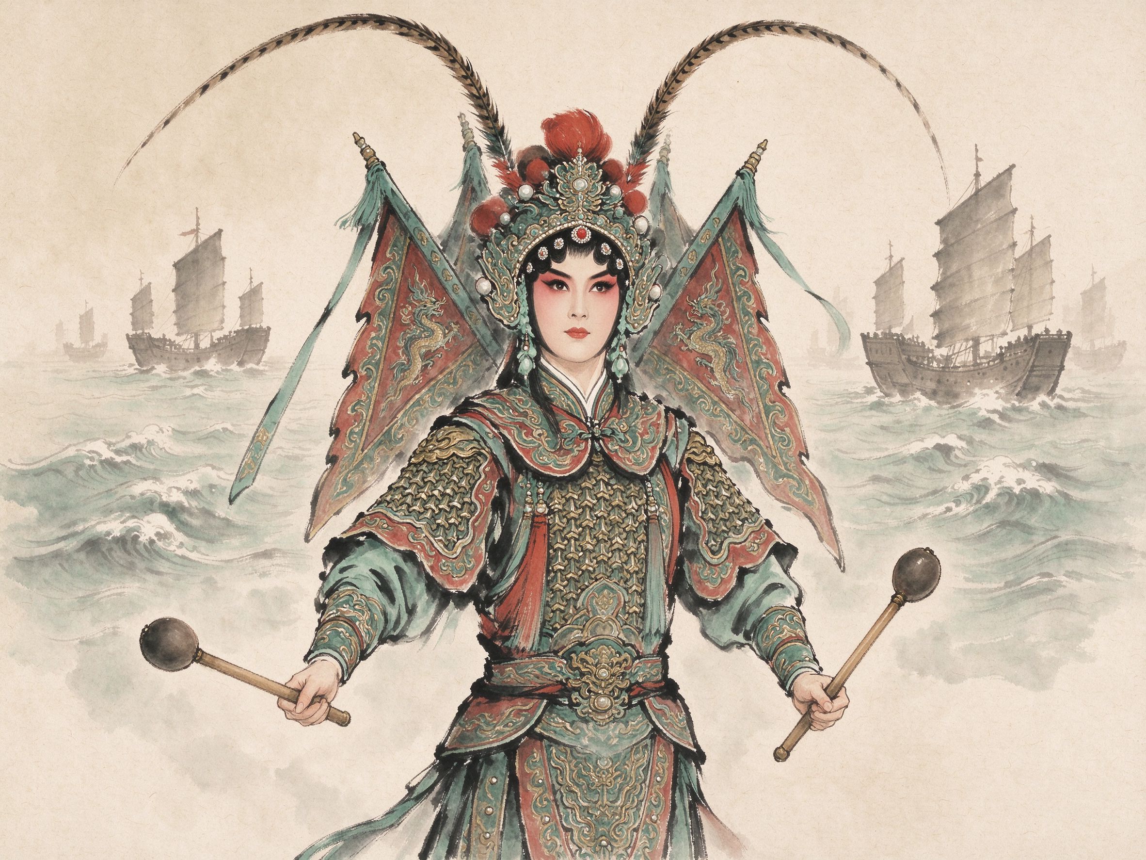 越剧《金山战鼓》中吕瑞英饰演的梁红玉，雉尾帅盔、绣甲红靠、手持双鼓槌的巾帼女将舞台扮相