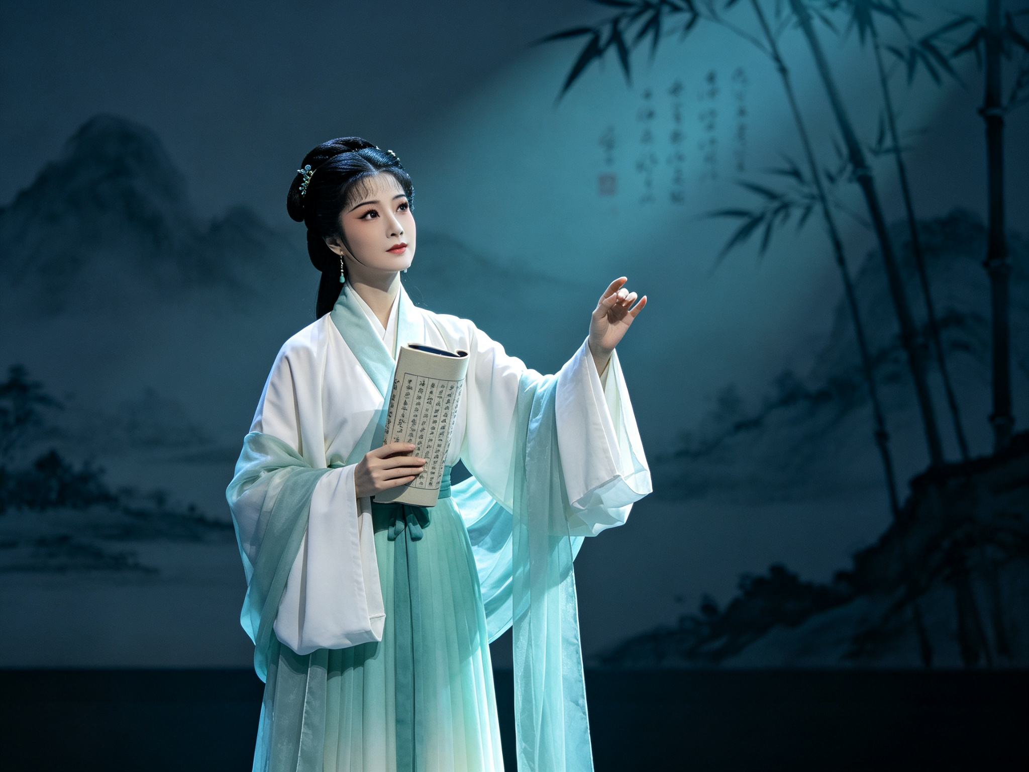 越剧《李清照》陶琪饰演南宋女词人，手持诗卷、目光悠远的旦角舞台形象，清雅苍凉