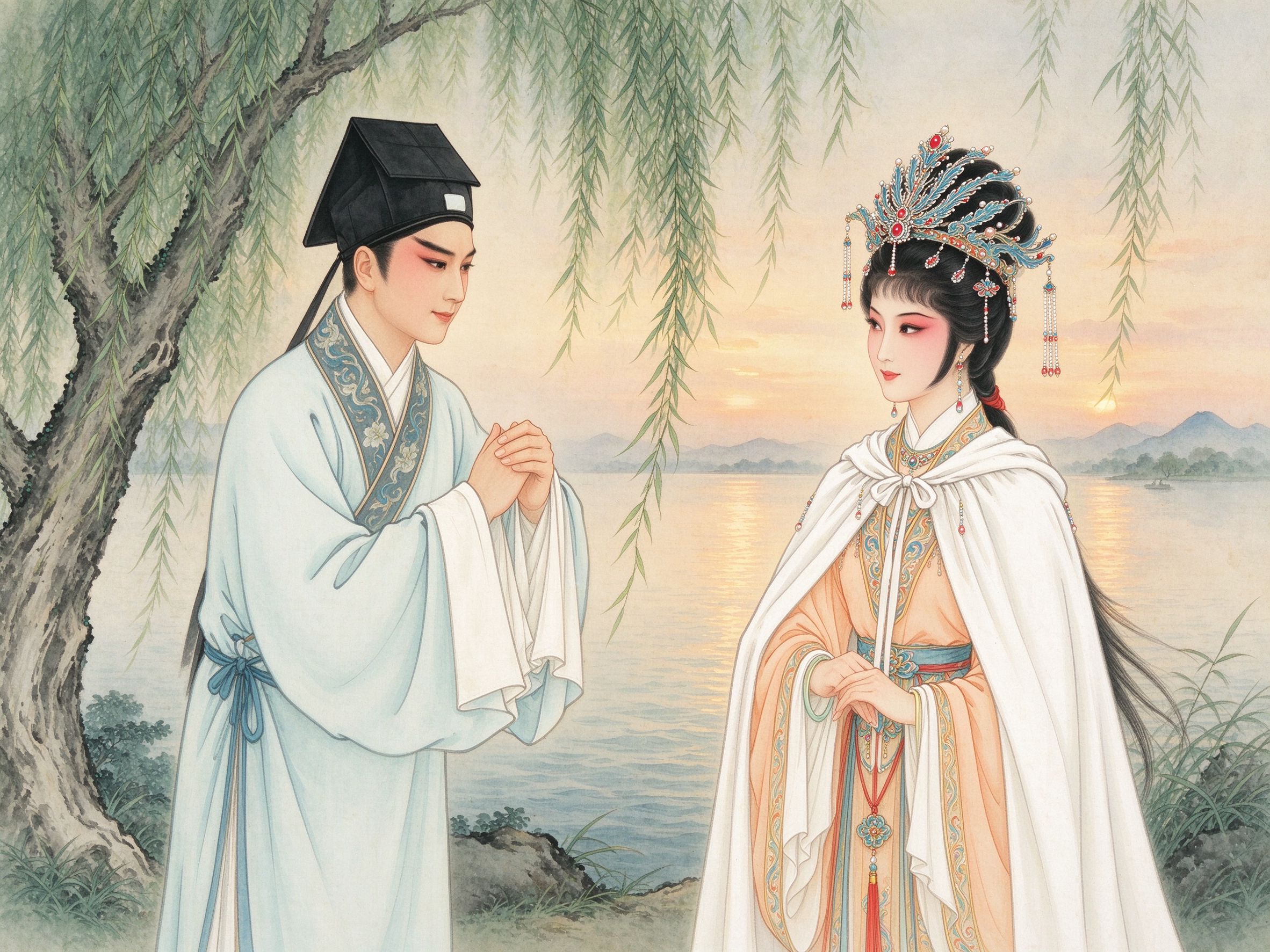 越剧《柳毅传书》洞庭湖滨柳毅与龙女三娘依依惜别意象