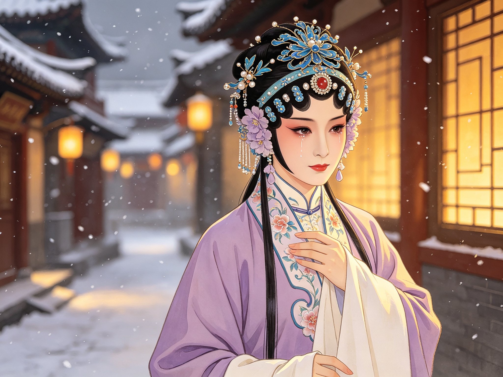 越剧《李娃传》李亚仙花旦舞台扮相，头戴点翠珠花头面、身穿淡紫绣花帔，眼含泪光而神情坚毅