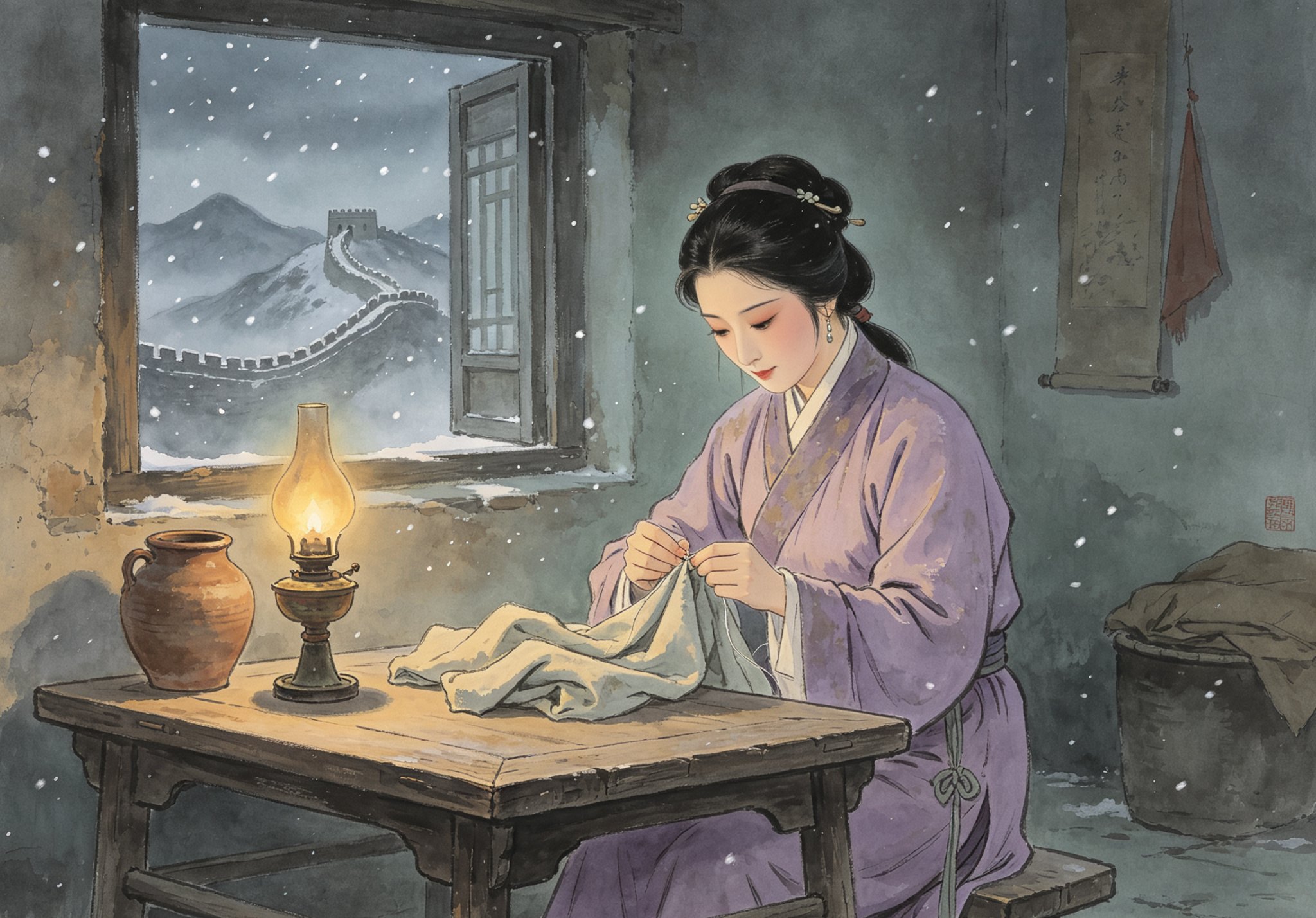 越剧《孟姜女》寒夜灯下孟姜女低头缝制寒衣，桌角陶灯微光，窗外长城轮廓隐约