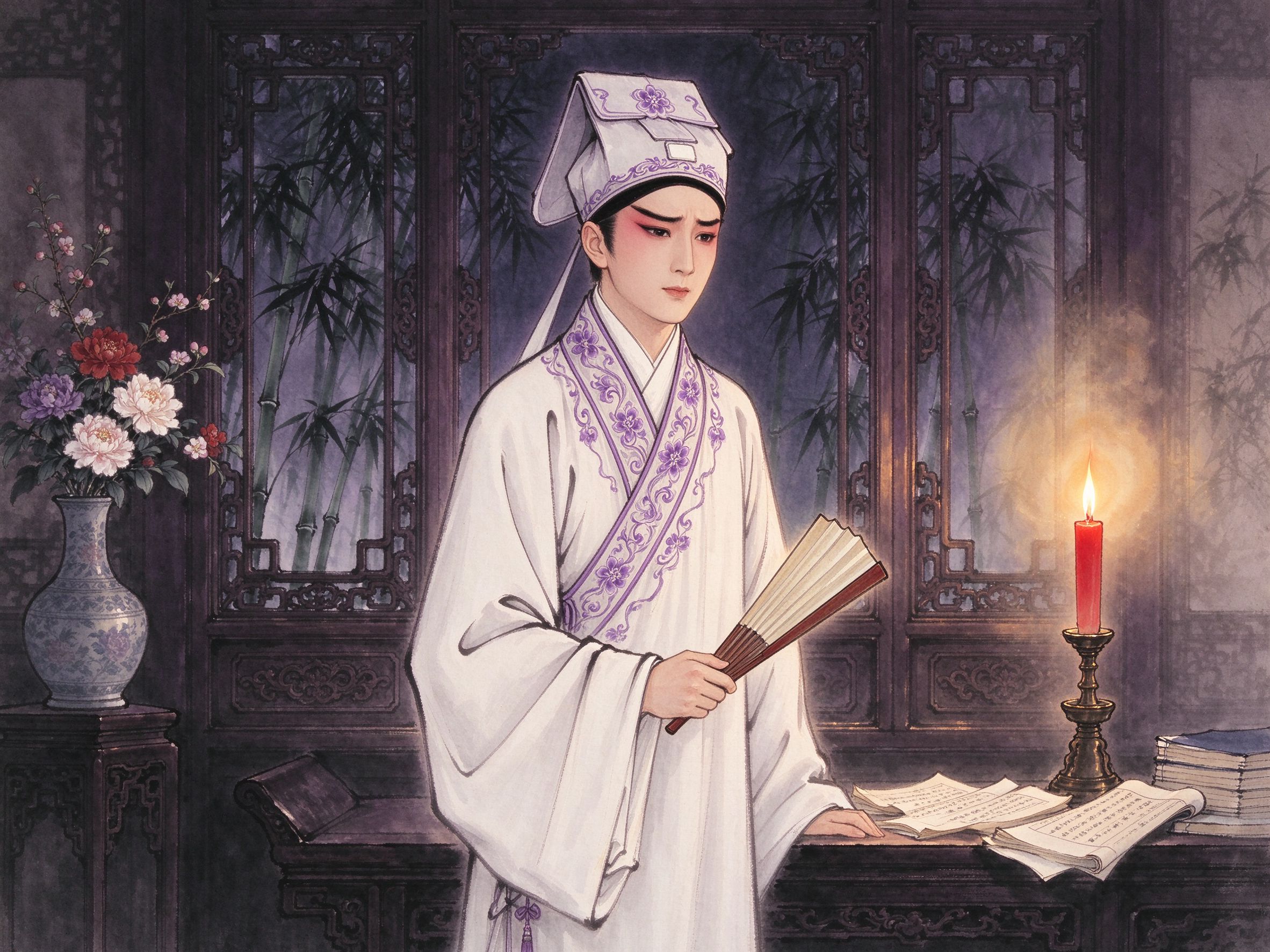 越剧《盘妻索妻》花烛高照的书斋里，手持折扇、身着月白长袍的儒雅小生梁玉书侧身伫立的古典意象