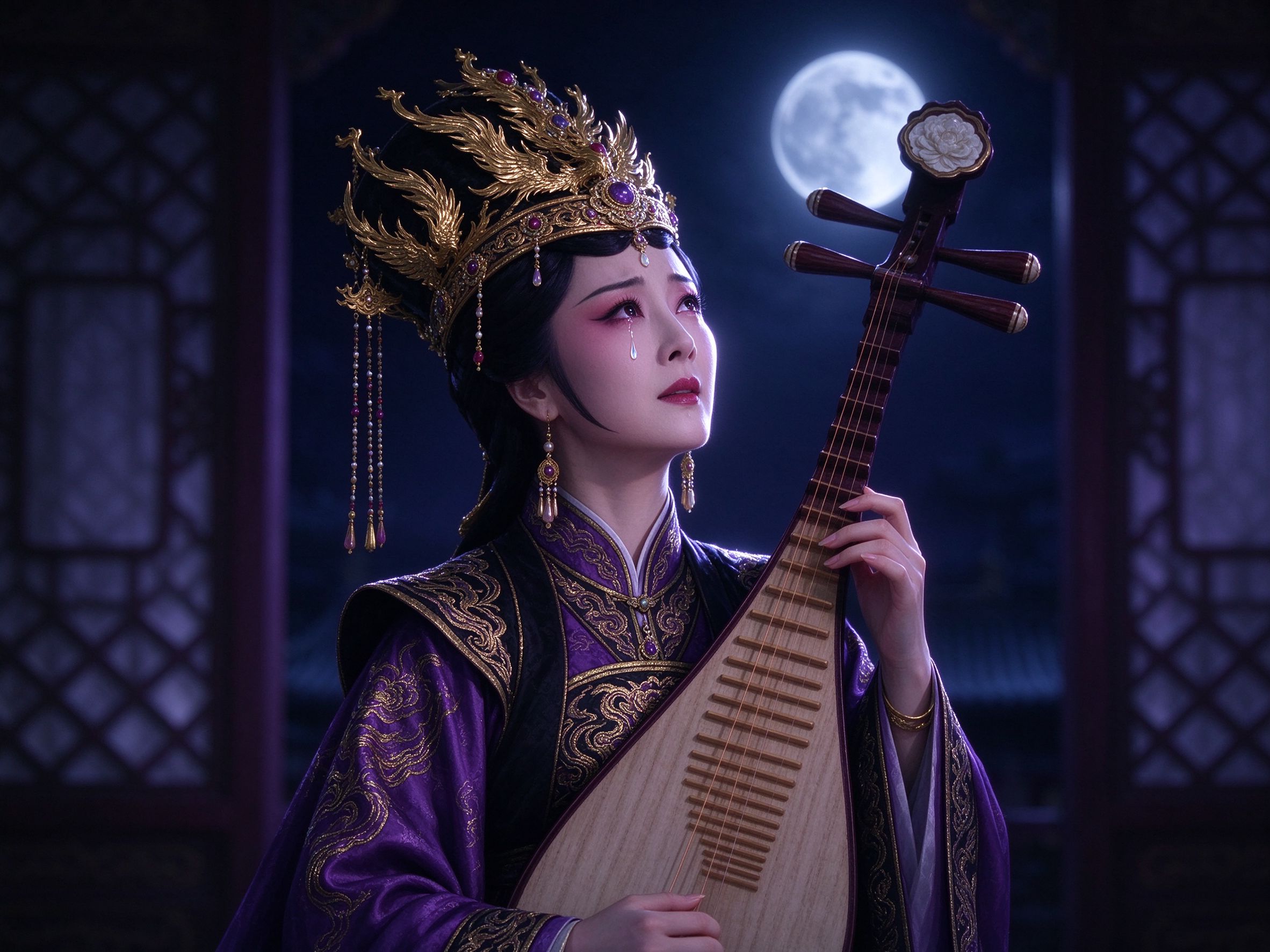 越剧《凄凉辽宫月》辽代宫装的萧后怀抱琵琶，冷月清辉下哀婉仰望的旦角形象