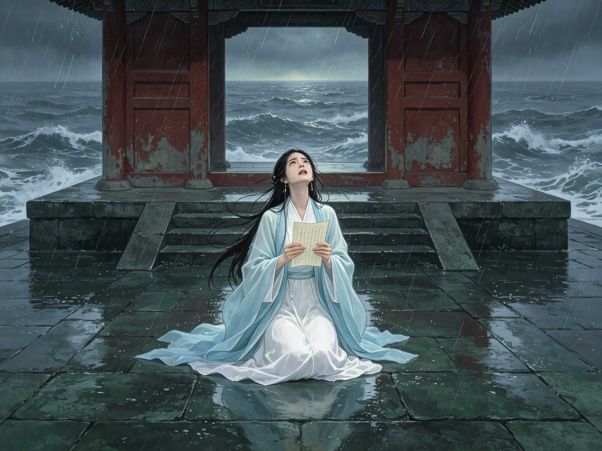 越剧《情探》海神庙前白衣敫桂英捧信哭诉、夜雨翻涌的凄美意象