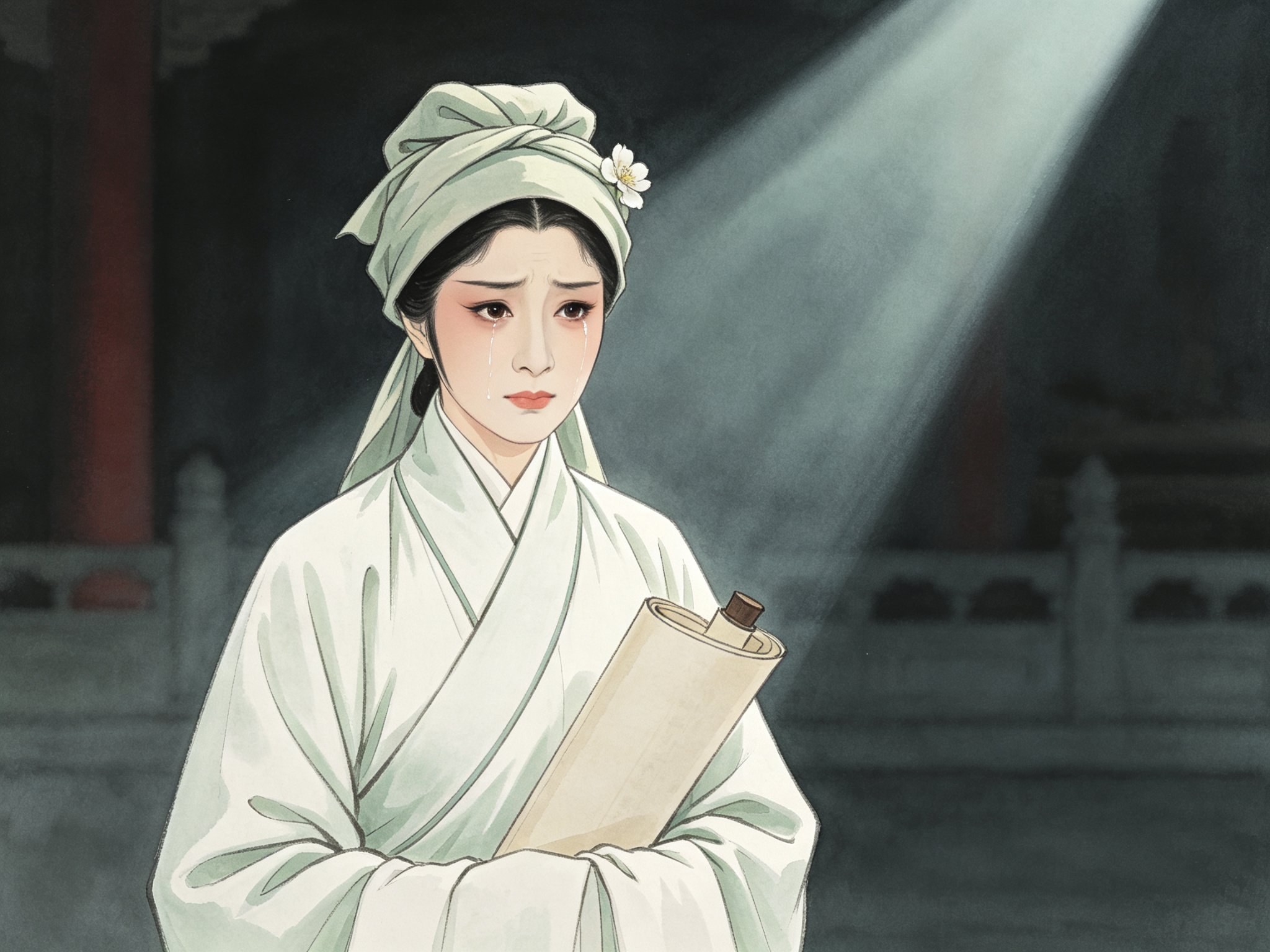 越剧《秦香莲》青衣旦角舞台扮相，素白孝服、怀抱状纸，眉锁愁云而眼神悲怆不屈