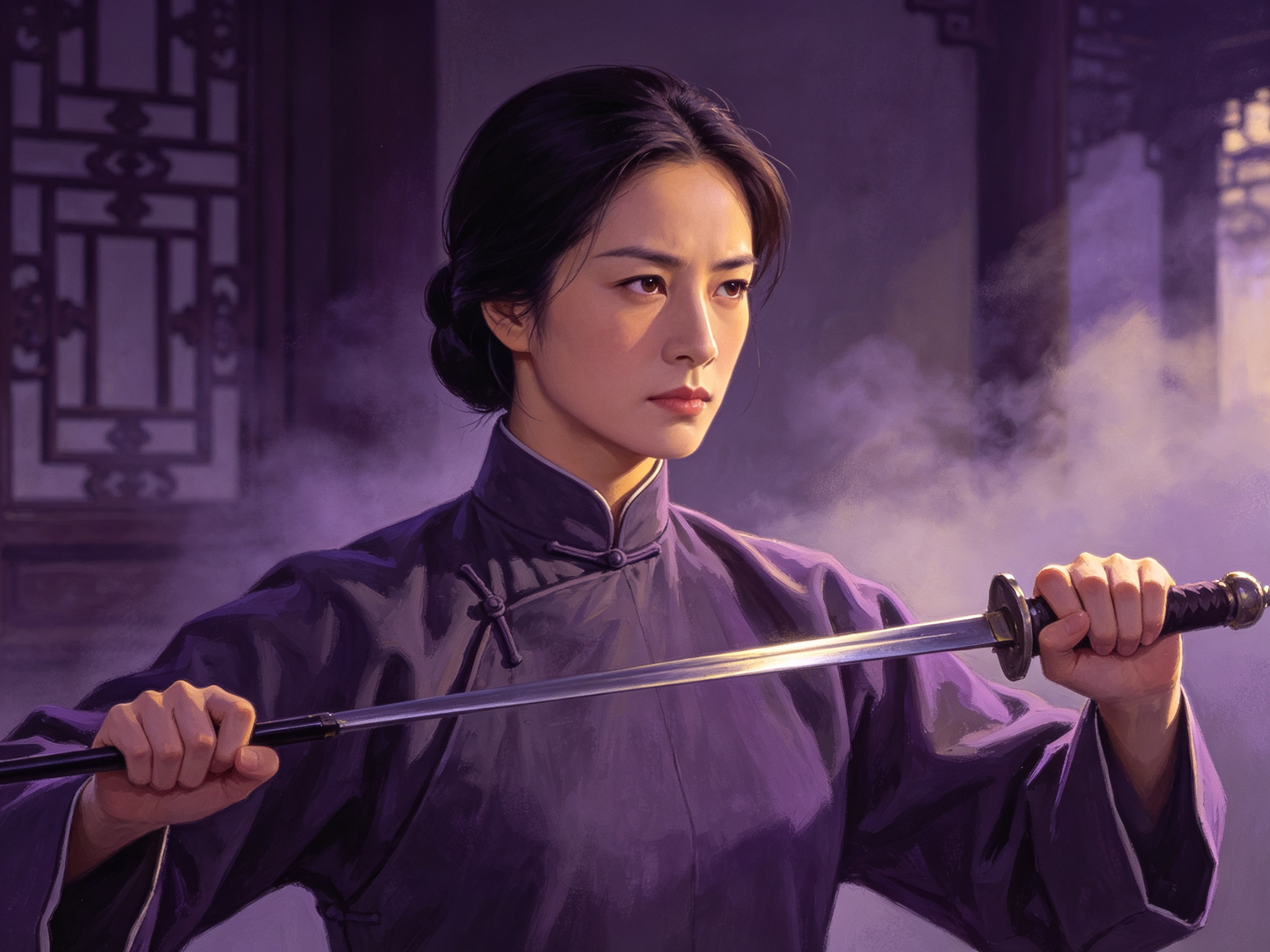越剧《秋瑾》袁雪芬饰演的秋瑾舞台形象，女扮男装、手持长剑，刚毅悲壮的近代革命题材旦角扮相