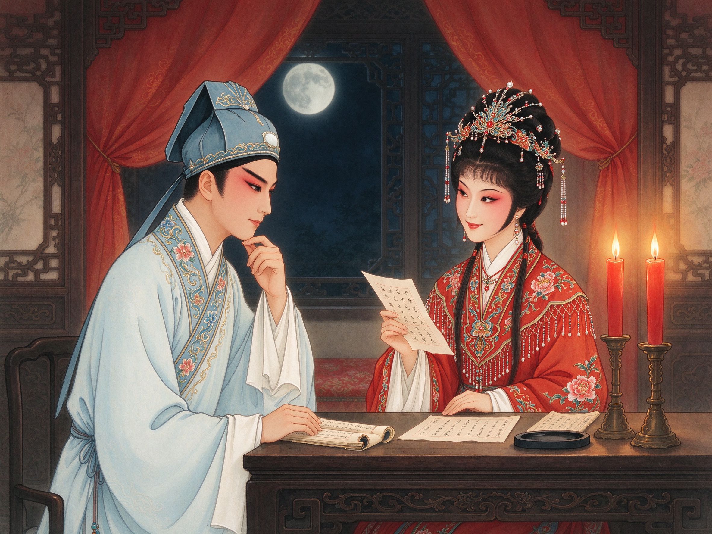越剧《三难新郎》苏小妹洞房红烛下考较秦少游意象