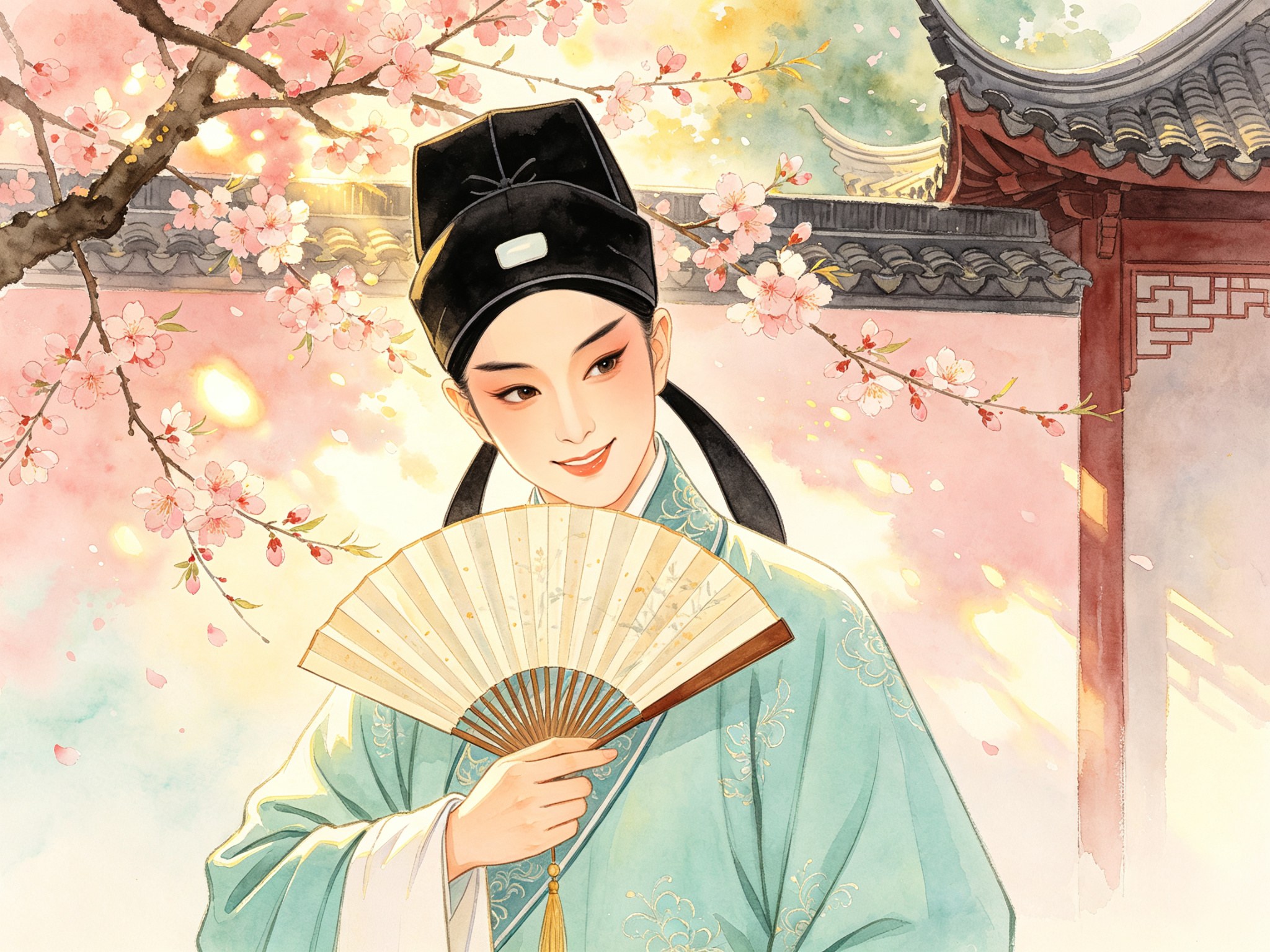 越剧《三笑》毕春芳扮相，头戴儒巾、身着淡青长衫的女小生唐伯虎手执折扇，潇洒带笑