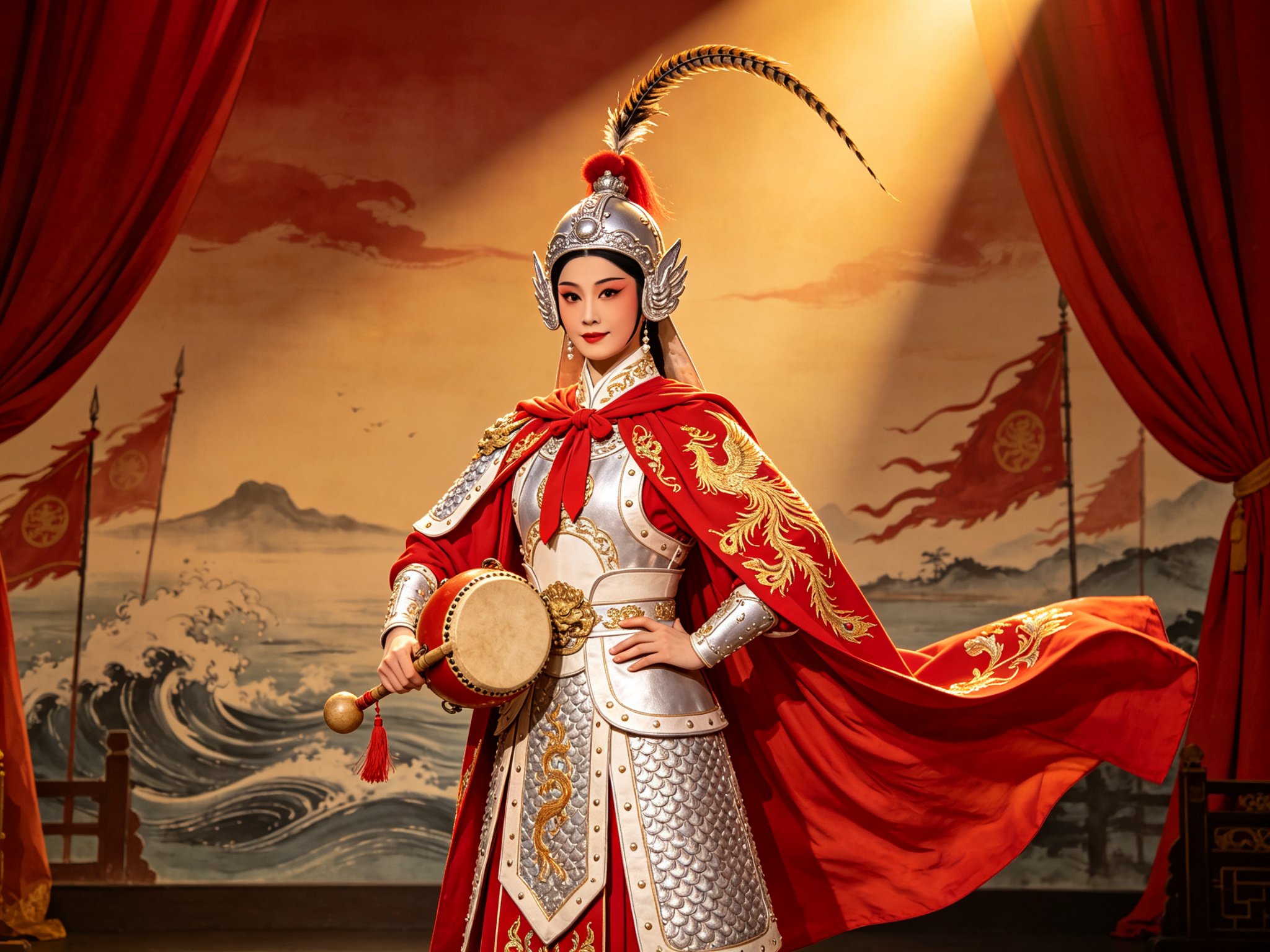 越剧《双烈记》银甲红帔、手持鼓锤的梁红玉巾帼女将舞台扮相，英姿飒爽的旦角形象
