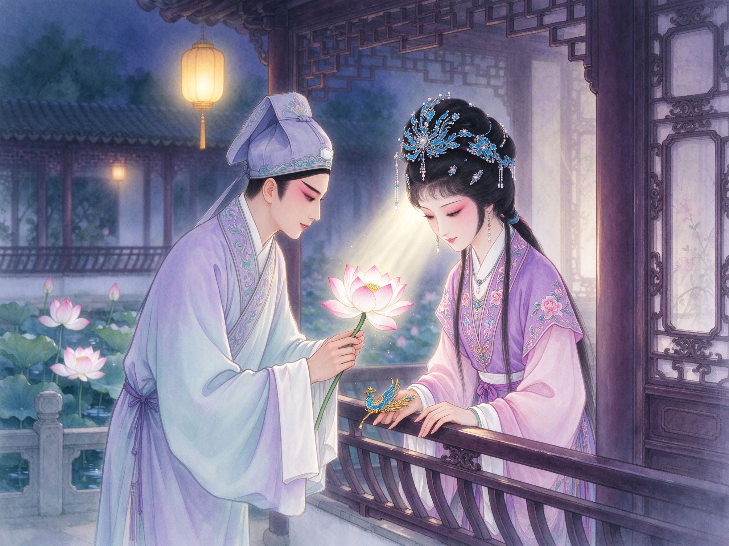 越剧《双珠凤》送花楼会书生捧莲与霍定金楼会赠钗