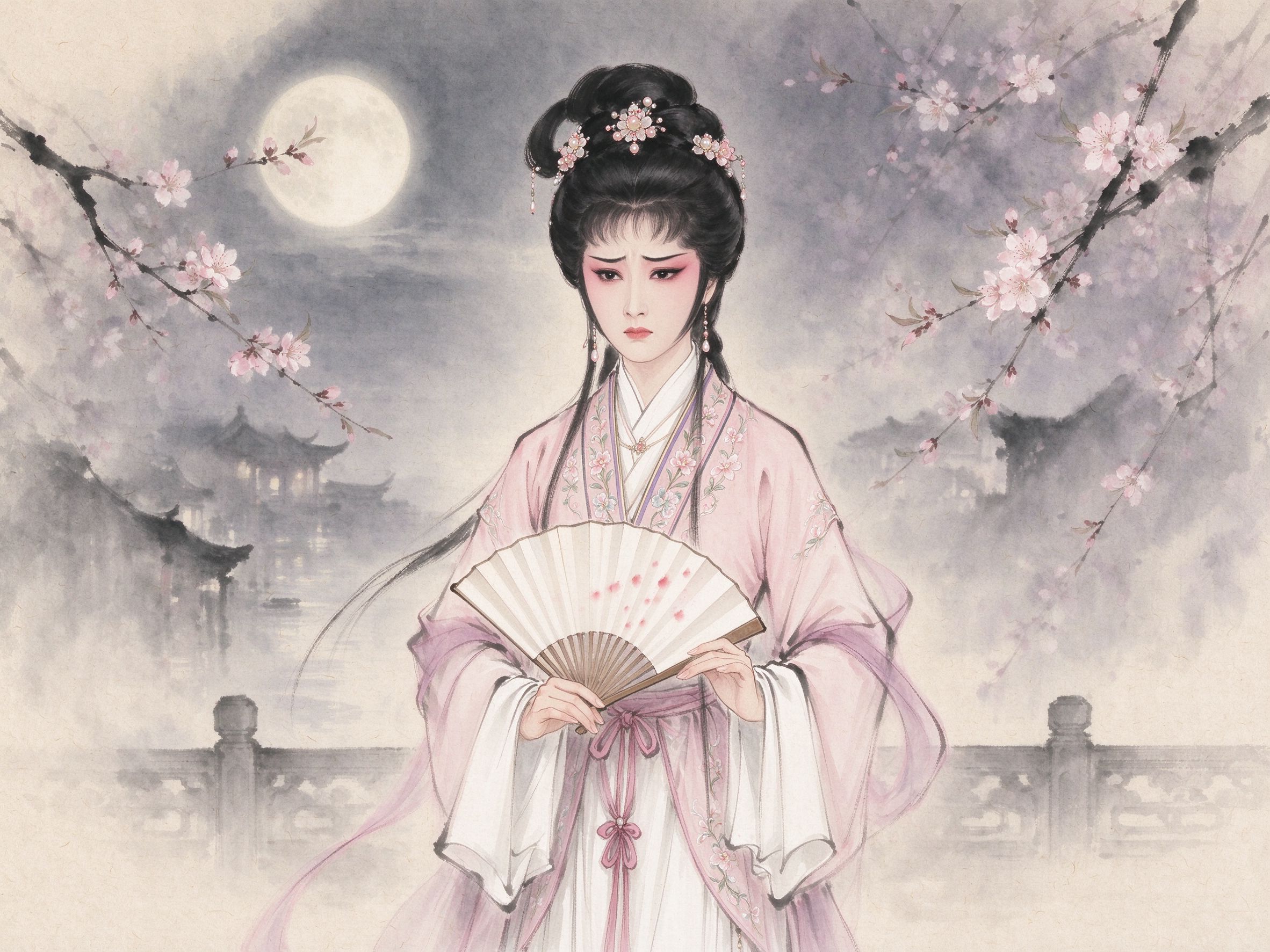 越剧《桃花扇》中李香君的旦角扮相，明代秦淮女子装束、手持一柄血迹点染成桃花的诗扇，清丽坚贞