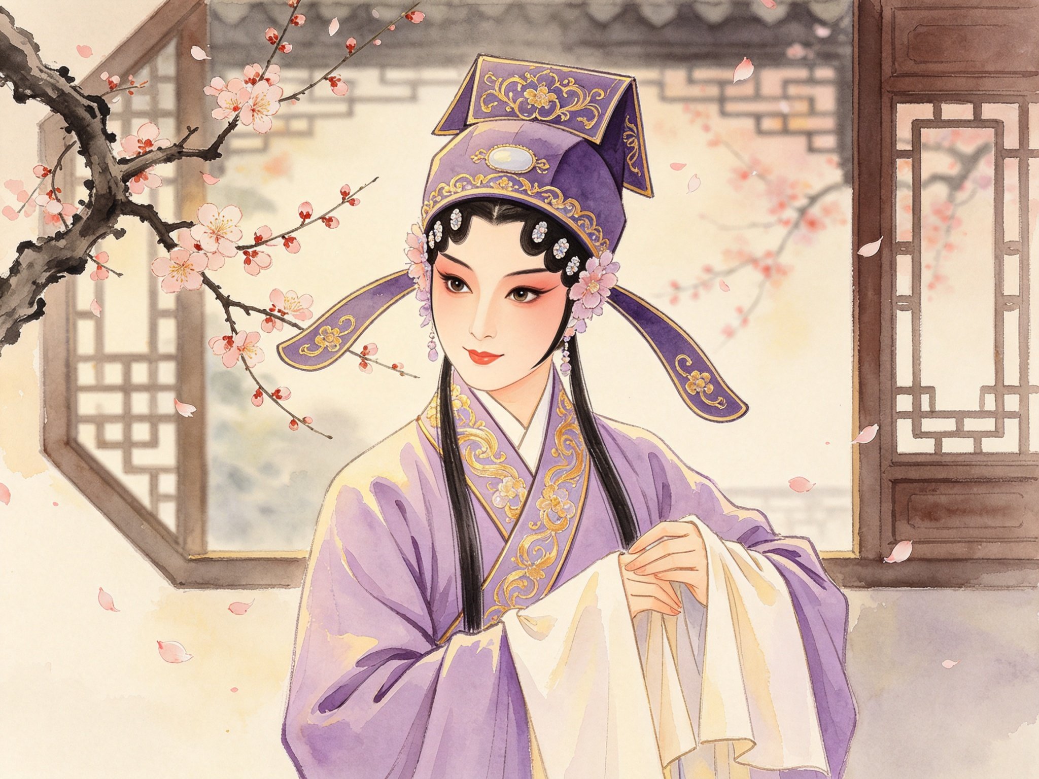 越剧《桃李梅》袁玉梅女扮男装、头戴书生巾帽、身穿淡紫镶金褶子的舞台旦角反串形象，机智英气