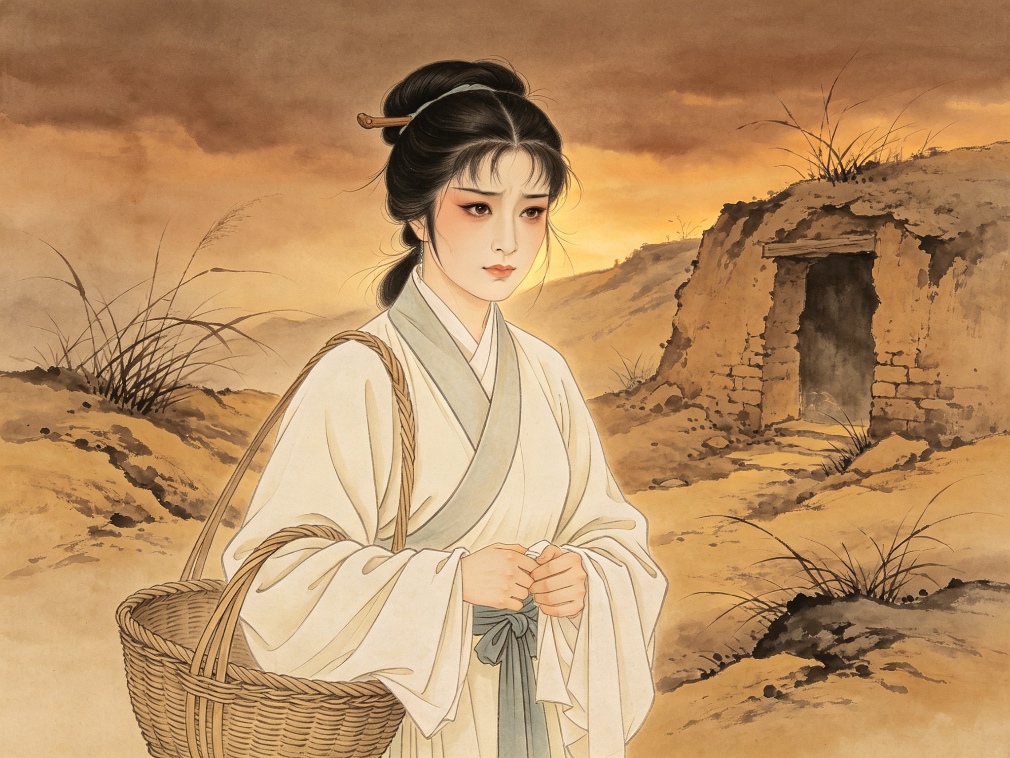 越剧《王宝钏》单仰萍扮相，荆钗布裙、手提竹篮的王派花旦王宝钏，苦守寒窑的坚毅温婉形象