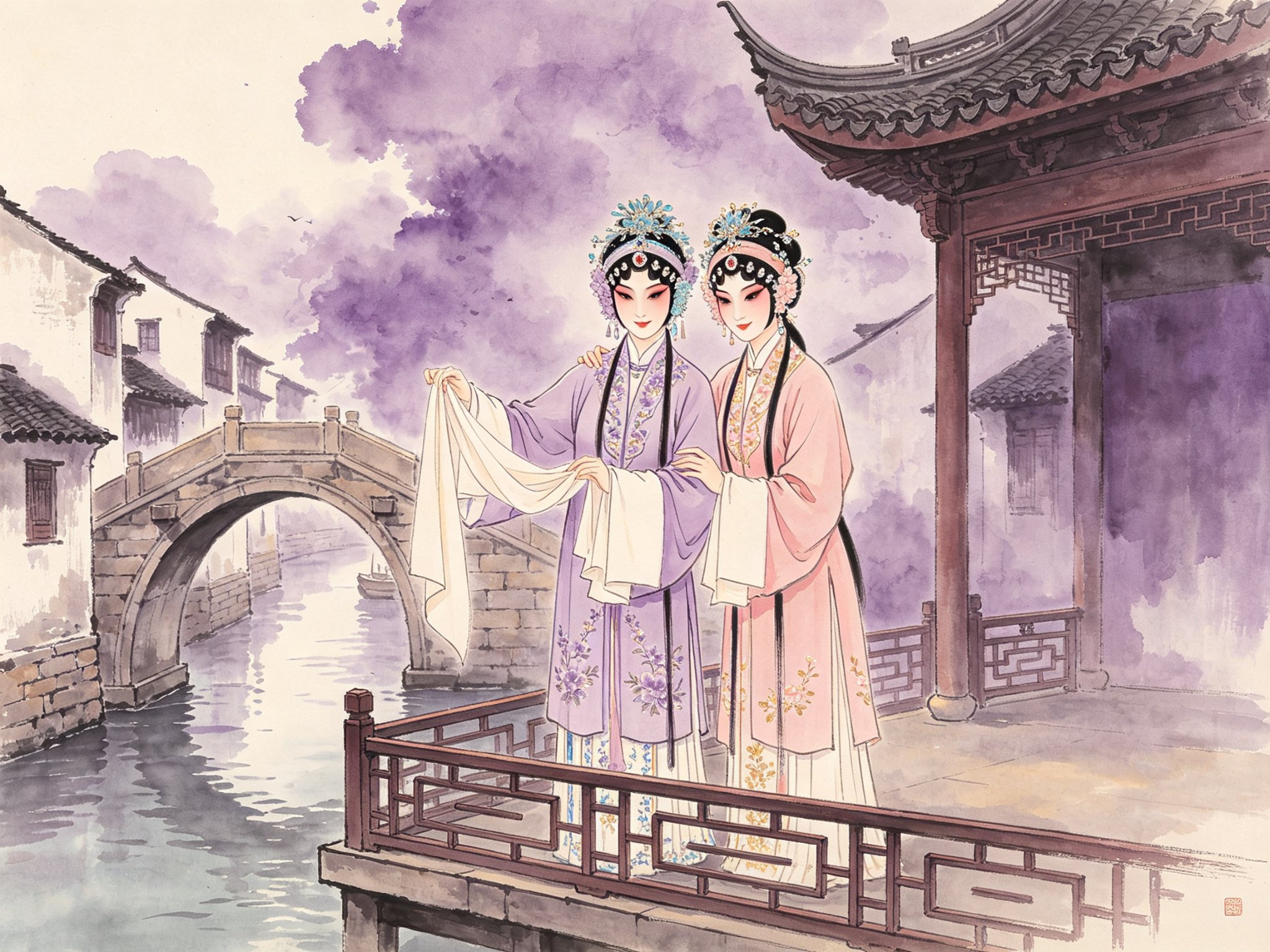 越剧《舞台姐妹》钱惠丽、单仰萍双旦扮相，两位越剧旦角姐妹花着淡紫藕荷戏服、头戴点翠头面，并肩立于江南水乡石桥旧戏台之上