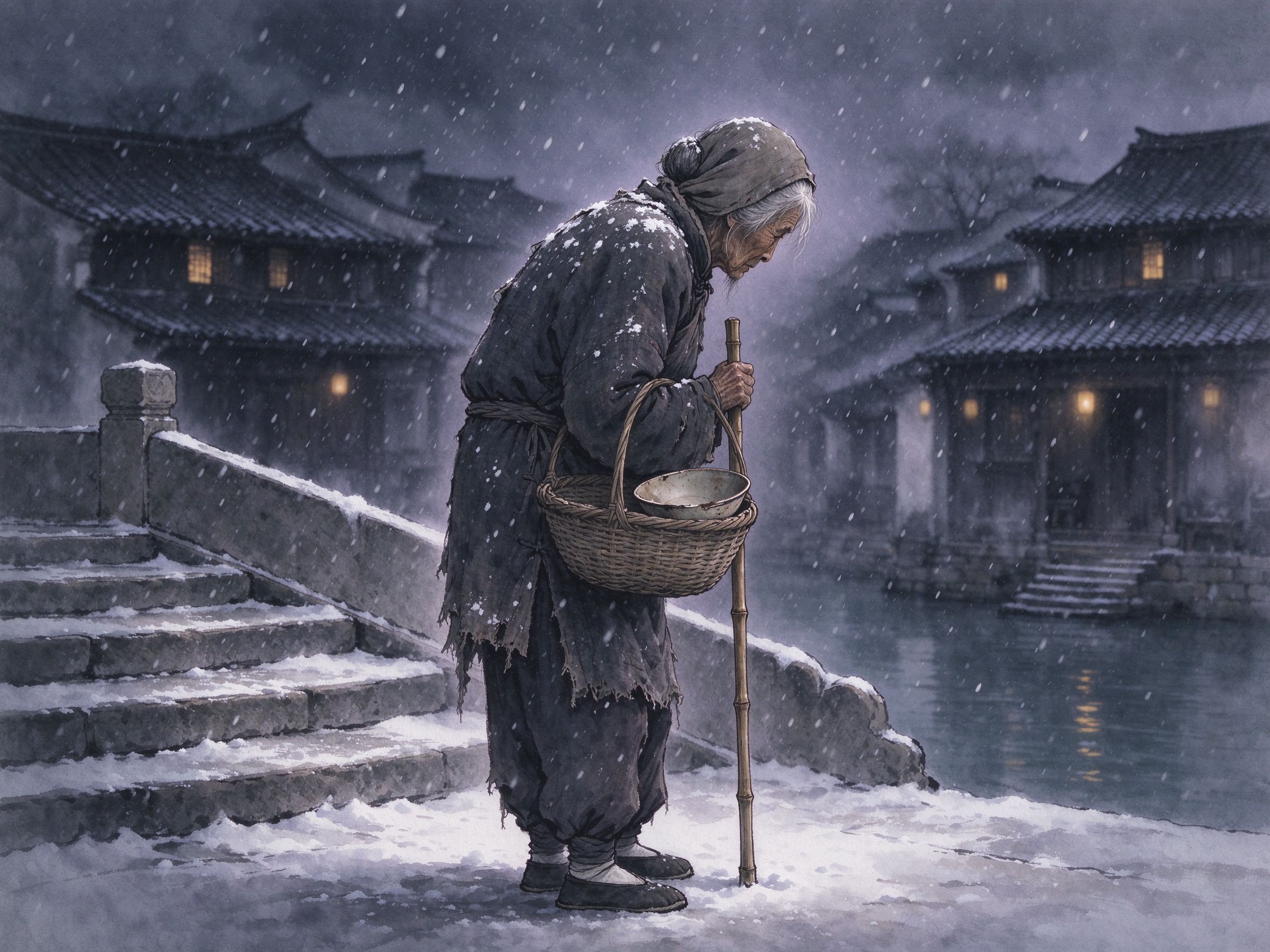 越剧《祥林嫂》风雪江南河埠边，拄竹杖挎空篮的佝偻乞讨老妇祥林嫂的孤苦背影