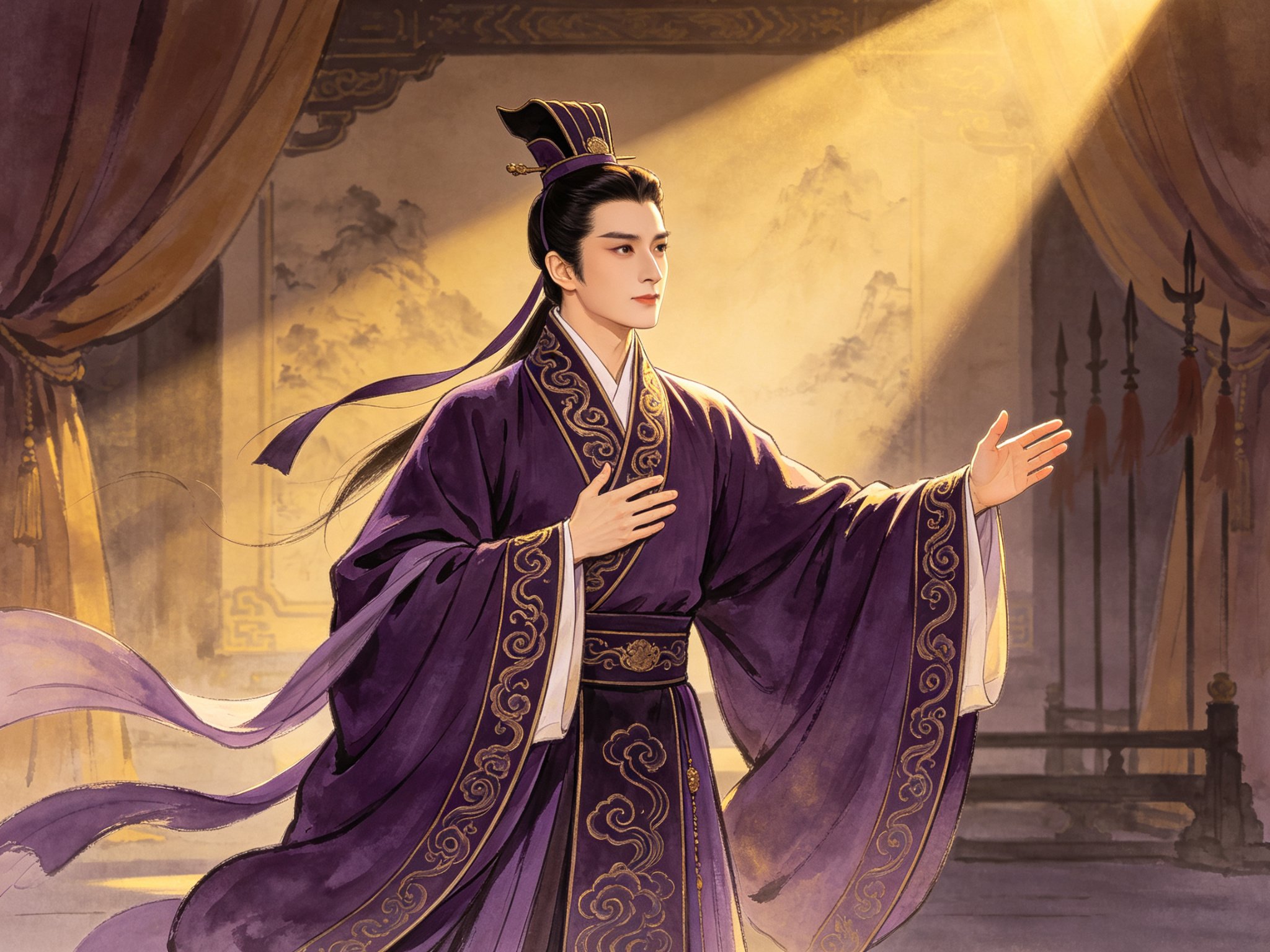 越剧《信陵君》深紫色广袖戏服的信陵君小生舞台扮相，儒雅慷慨、忧国忧民的生角形象